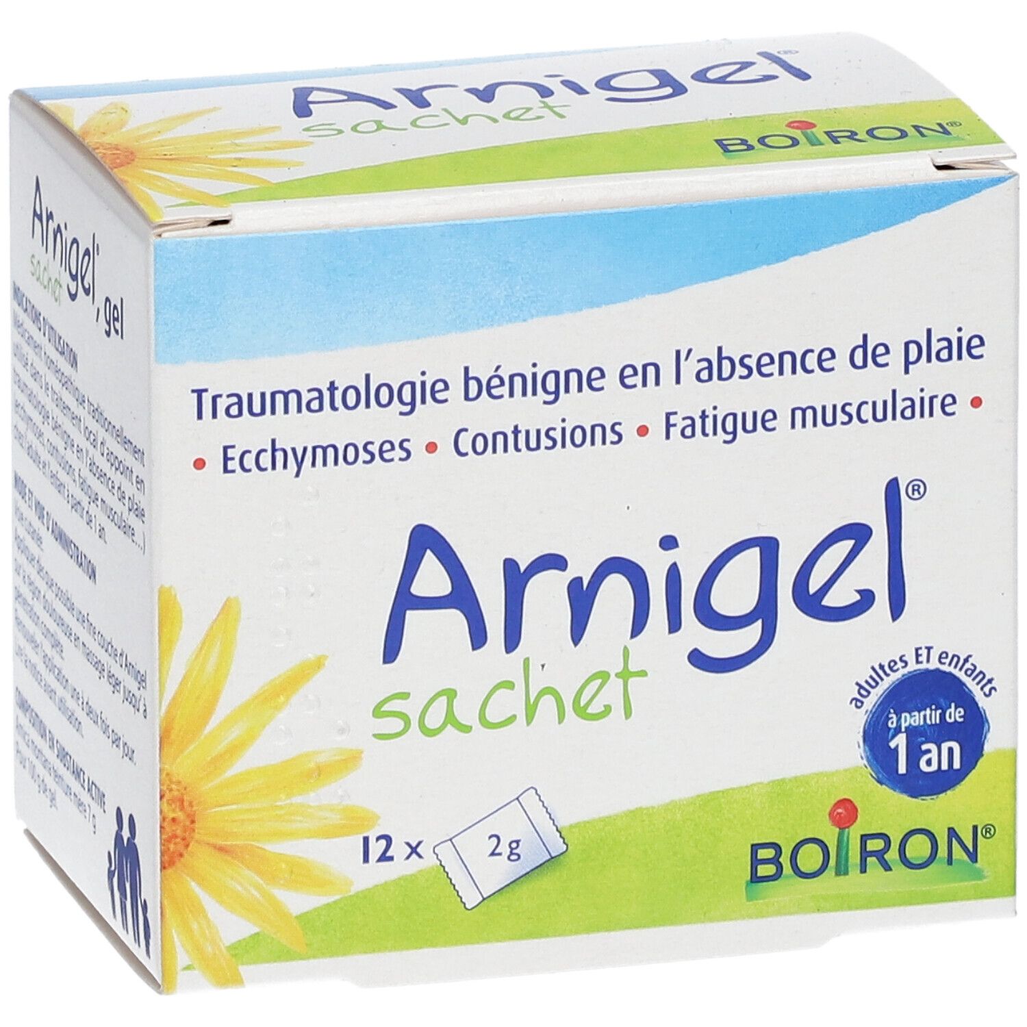 Boîte de gel "Arnigel sachet". Contient 12 sachets de 2g. Inscription : "à partir de 1 an". Marque : Boiron.