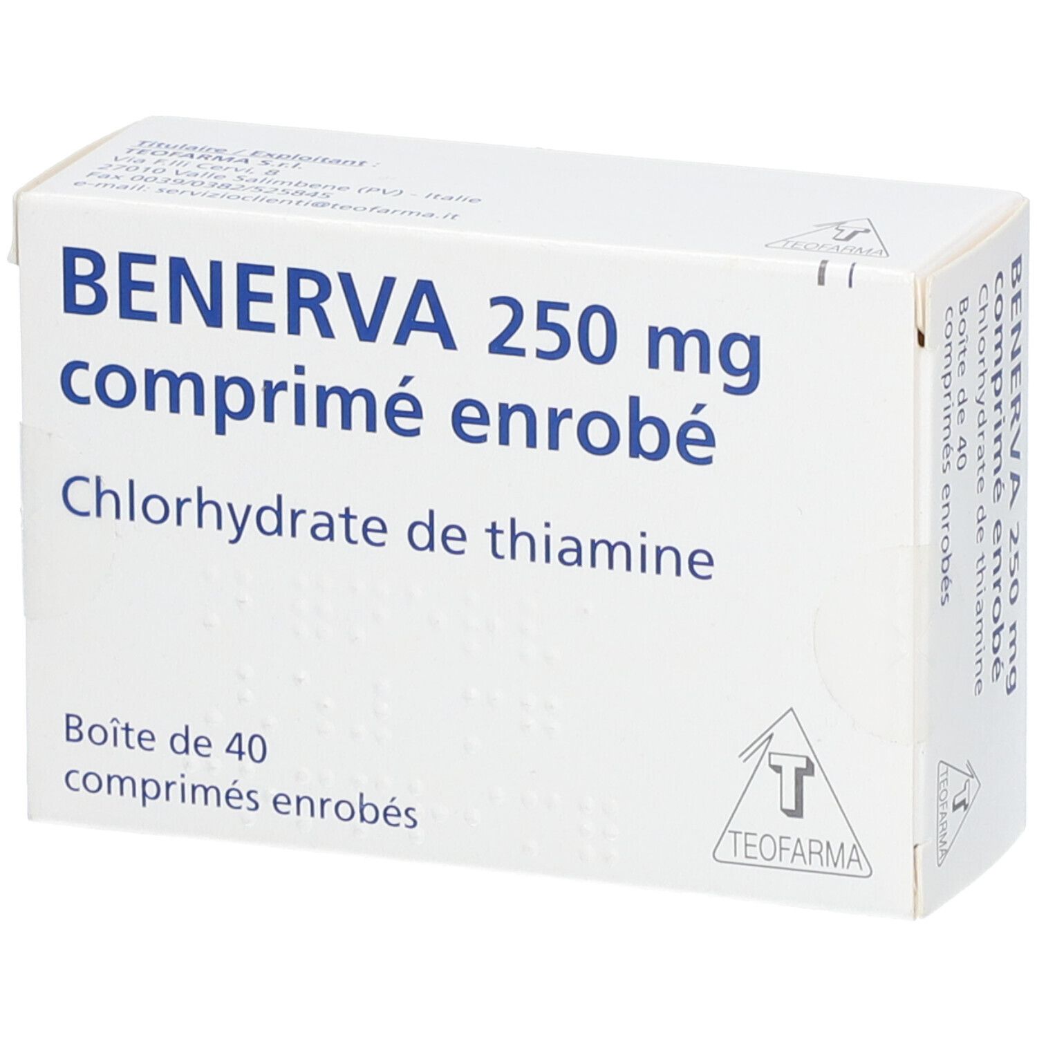 Boîte de BENERVA 250 mg comprimé enrobé. Inscription: Chlorhydrate de thiamine. Contient 40 comprimés. Logo Teofarma.