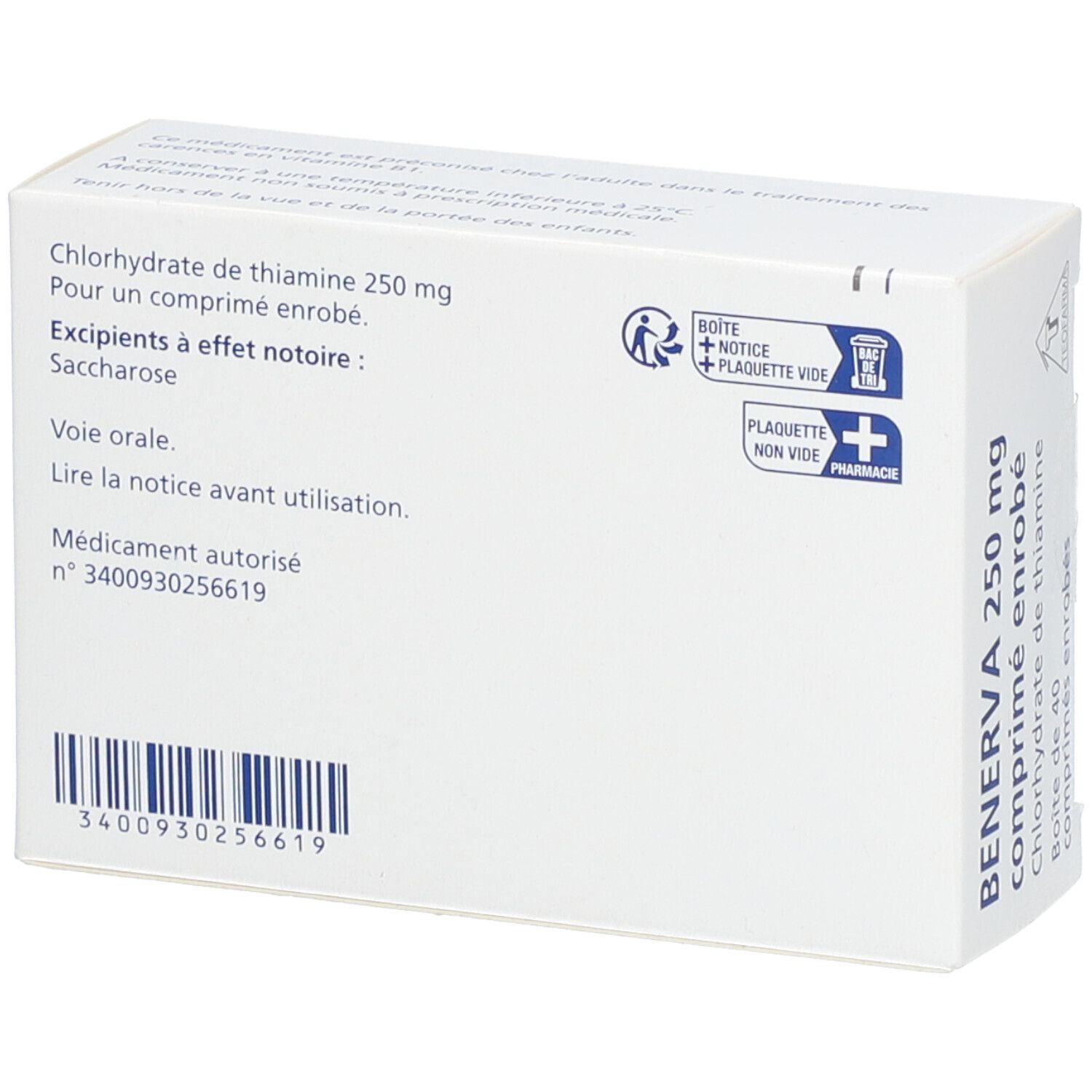 Dos de la boîte BENERVA. Texte: Chlorhydrate de thiamine 250 mg. Contient saccharose. Instructions d'utilisation. Code-barres et logo pharmacie.
