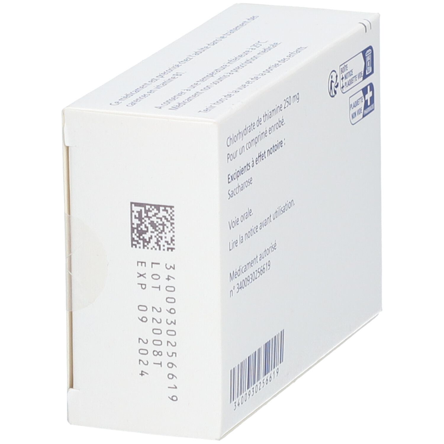 Vue latérale de la boîte BENERVA. Texte: Chlorhydrate de thiamine 250 mg. Date de péremption et numéro de lot. Code-barres.