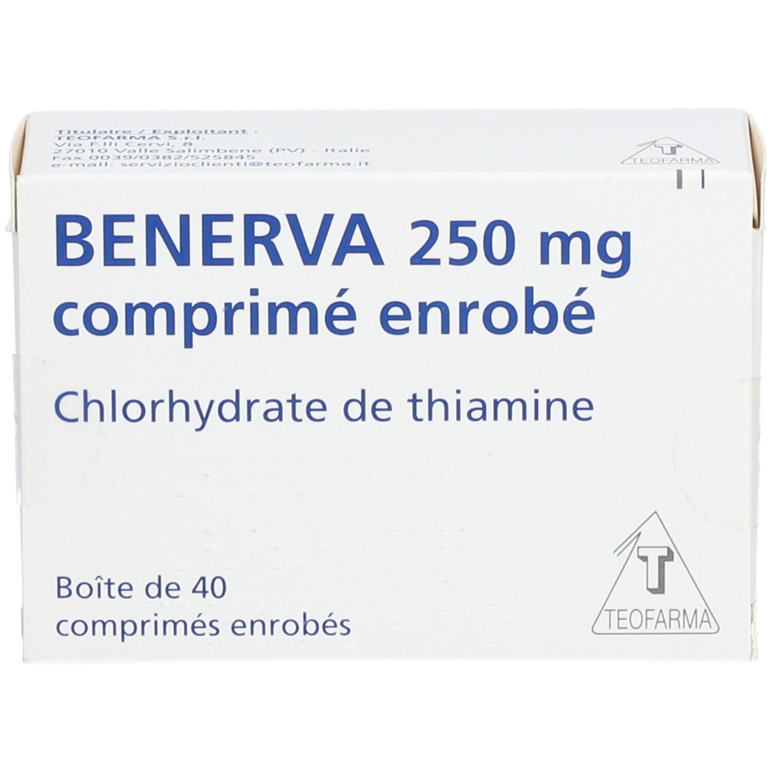 Boîte de BENERVA 250 mg comprimé enrobé. Inscription: Chlorhydrate de thiamine. Contient 40 comprimés. Logo Teofarma.