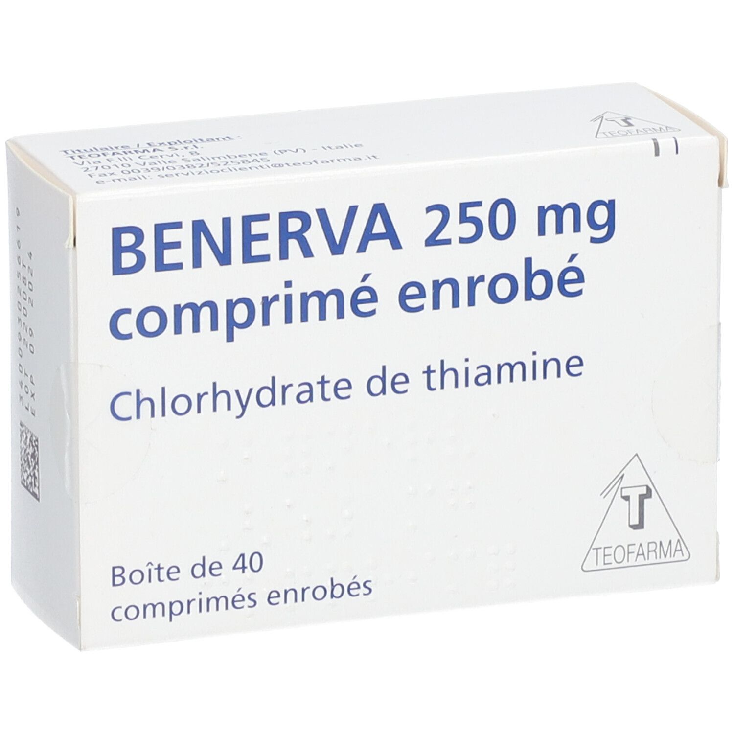 Boîte de BENERVA 250 mg comprimé enrobé. Inscription: Chlorhydrate de thiamine. Contient 40 comprimés. Logo Teofarma.