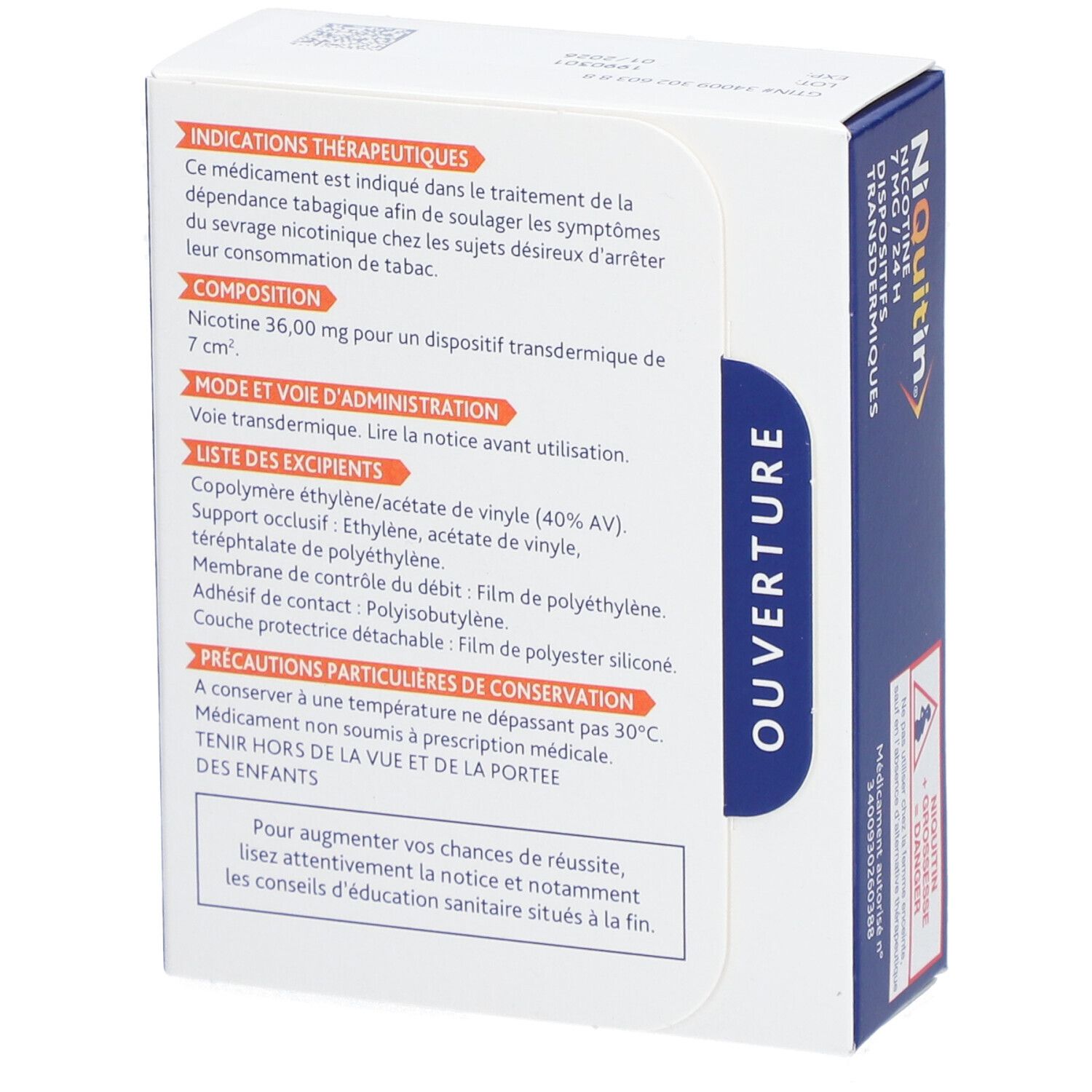 Dos de la boîte NiQuitin. Texte sur les indications, la composition et l'utilisation. Contient 28 patchs.