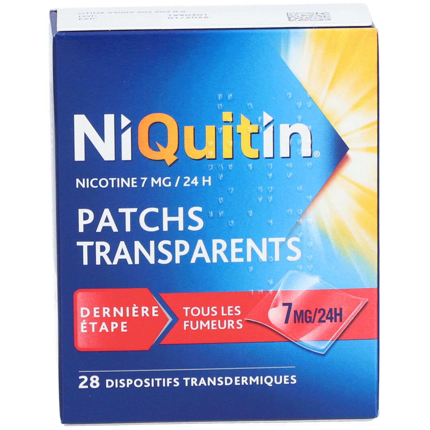 Boîte NiQuitin, patchs transparents. Inscription "7 mg/24 h". Contient 28 dispositifs transdermiques.