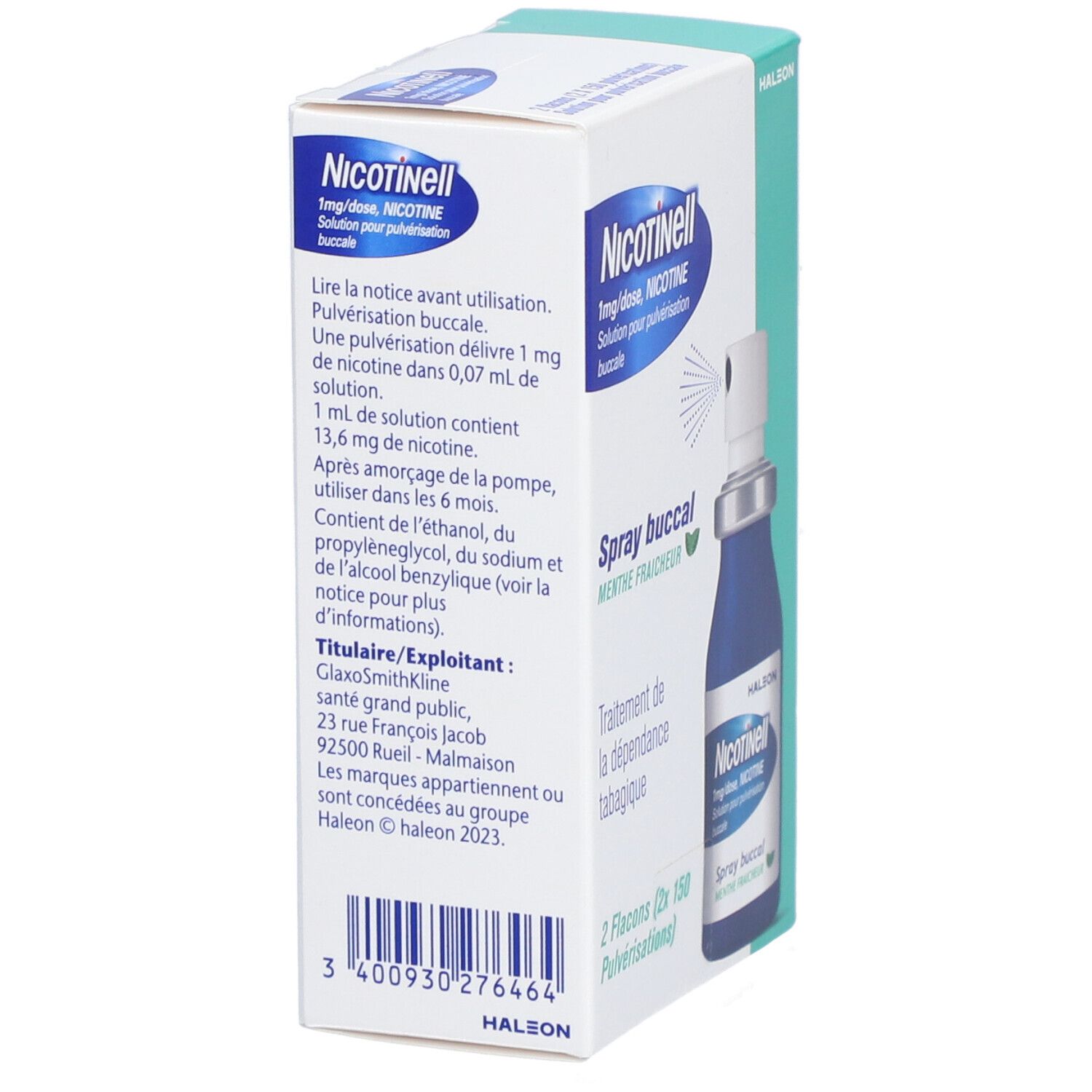 Boîte avec informations produit. Inscription: Nicotinell, Spray buccal, Menthe fraîcheur. Fabricant: HALEON. Code-barres.