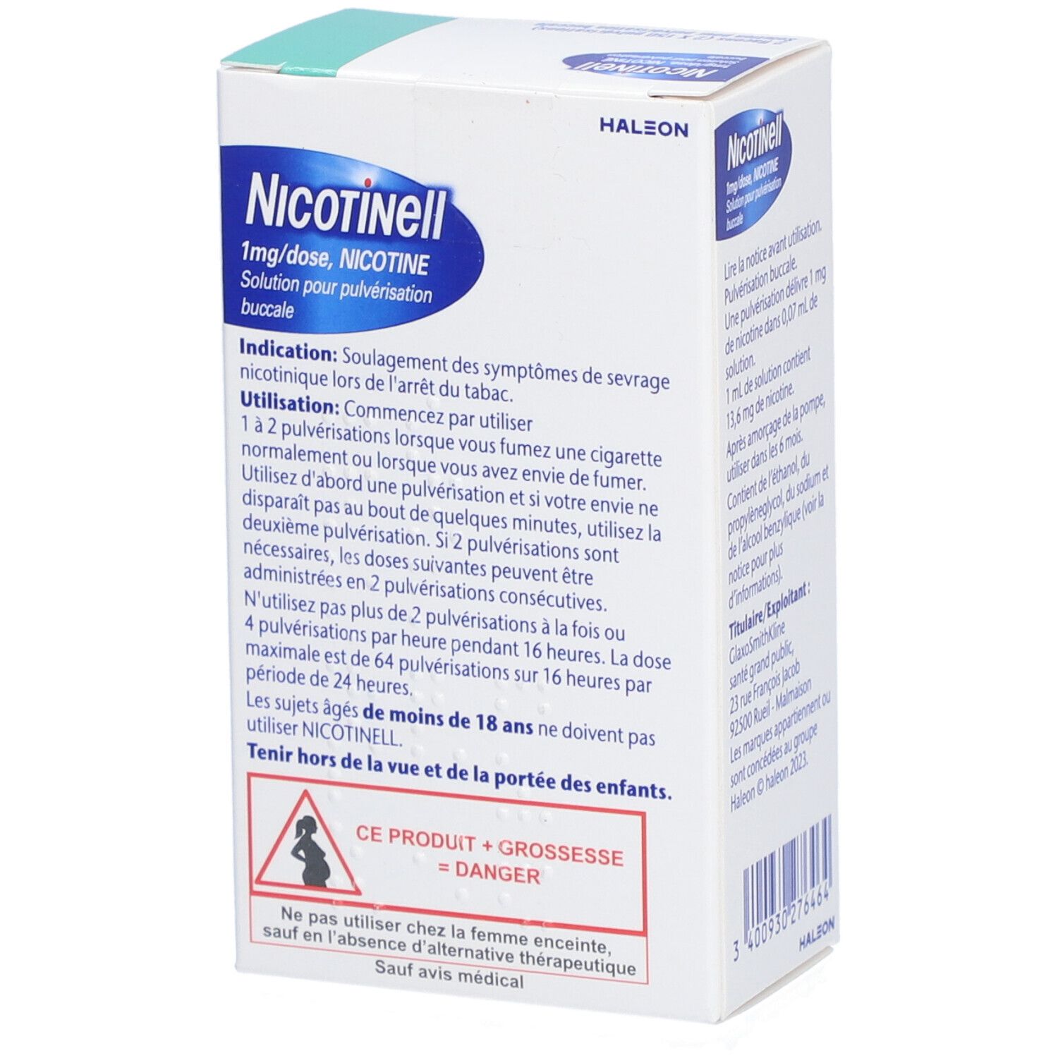Boîte avec informations produit. Inscription: Nicotinell, Spray buccal, Menthe fraîcheur. Avertissement: Femmes enceintes.