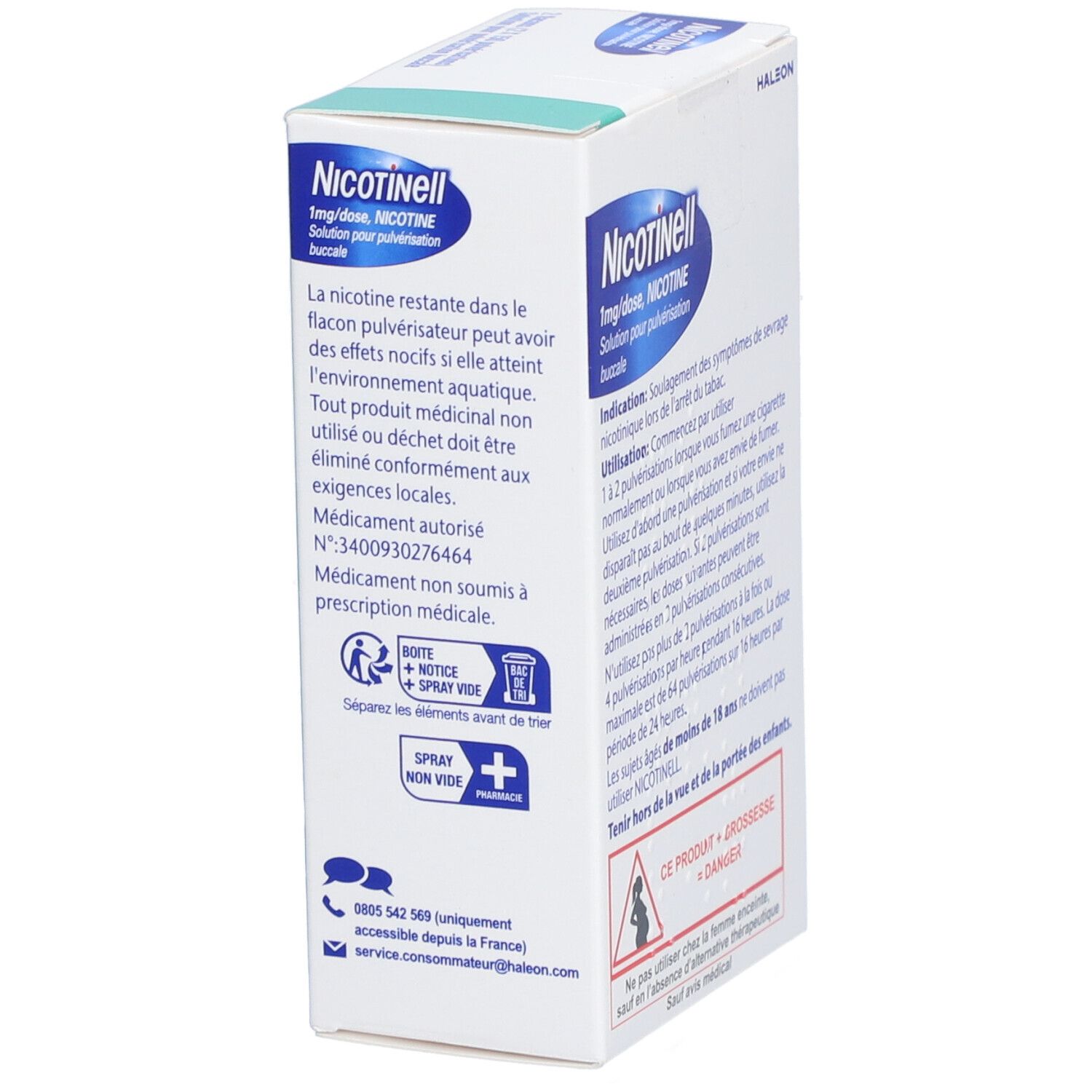 Boîte avec informations produit. Inscription: Nicotinell, Spray buccal, Menthe fraîcheur. Avertissement: Femmes enceintes.