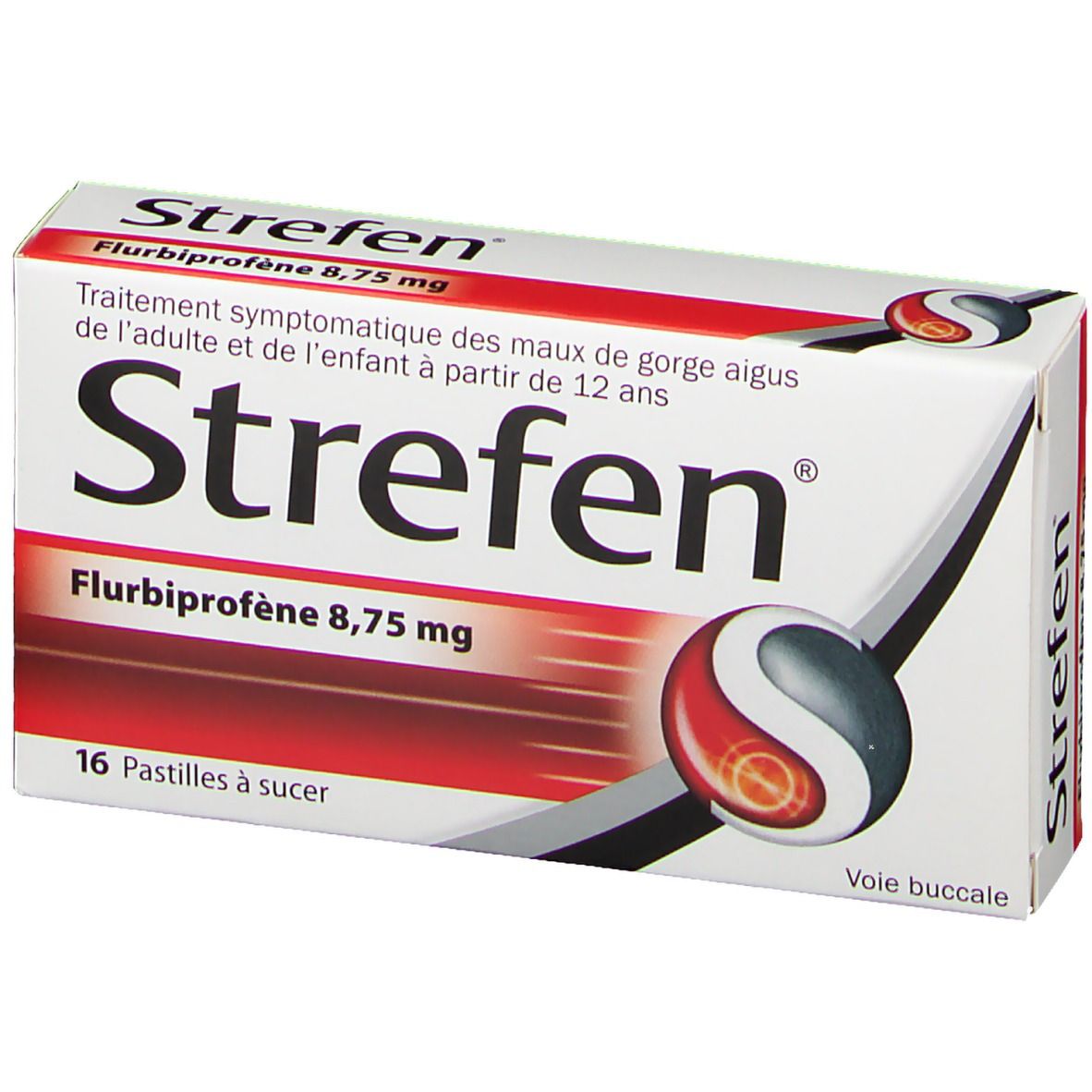 Boîte Strefen Flurbiprofène 8,75 mg. Vue en biais. Emballage rouge et blanc, nom et logo du produit clairement visibles.