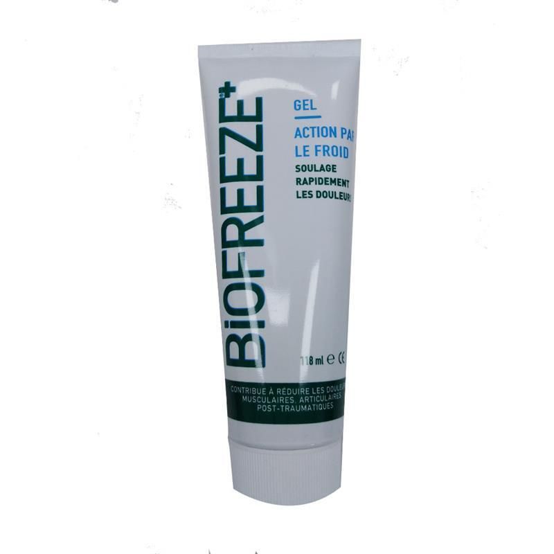 Tube blanc et bleu avec BIOFREEZE. Texte: GEL, Action par le froid, Soulage rapidement les douleurs. 118 ml.