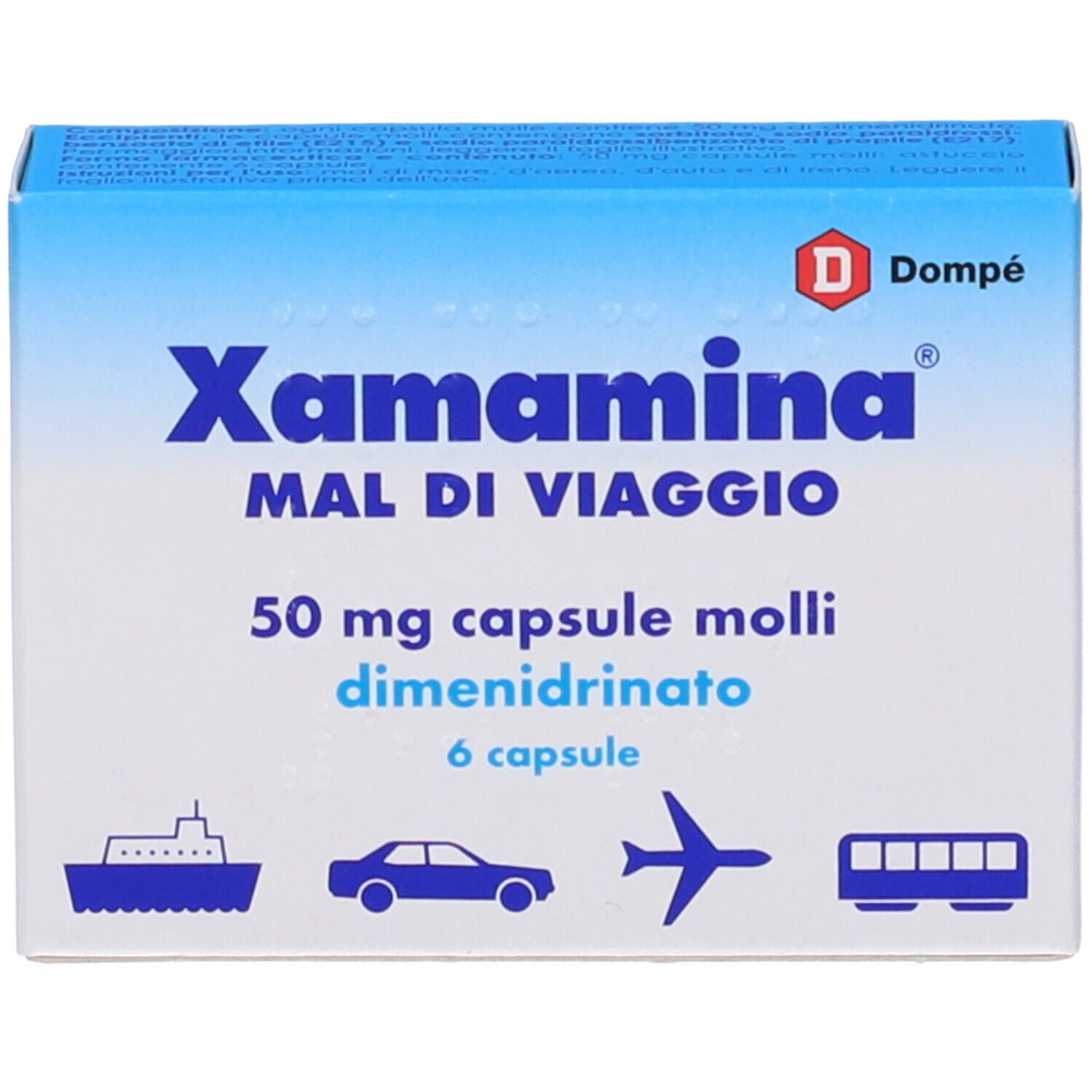 Scatola blu e bianca "Xamamina MAL DI VIAGGIO". 50 mg capsule molli, 6 capsule. Logo Dompé. Simboli di trasporto.
