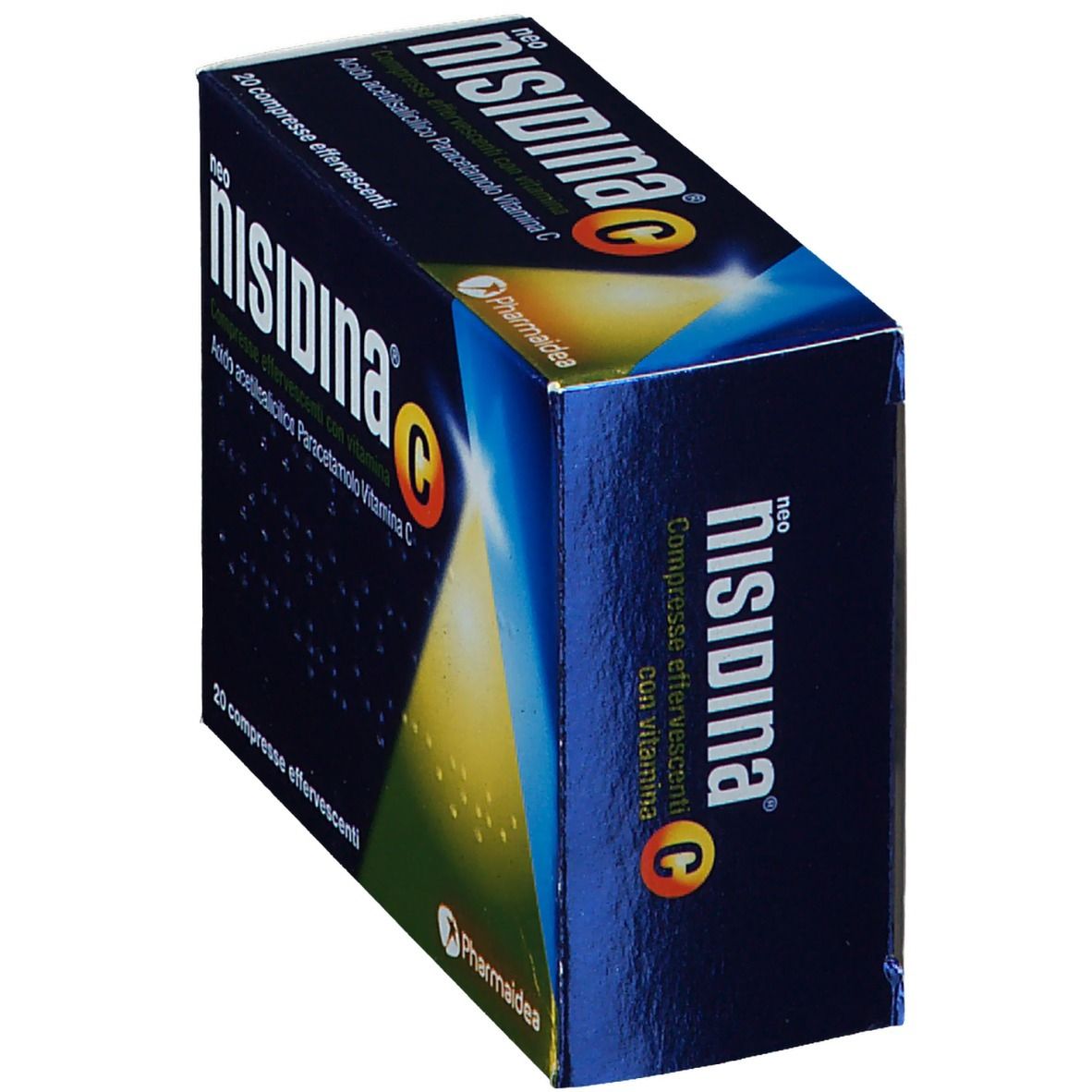 Scatola "neo NISIDINA C" in prospettiva. Confezione blu con testo e logo. 20 compresse effervescenti.