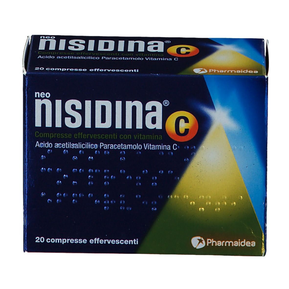Scatola "neo NISIDINA C" con 20 compresse effervescenti. Confezione blu con testo e logo. Pharmaidea.
