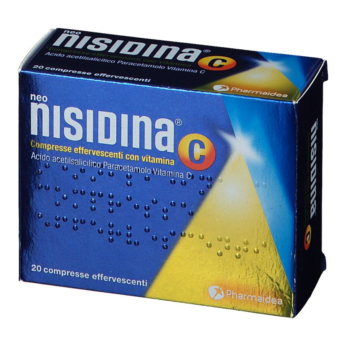 Scatola "neo NISIDINA C" con 20 compresse effervescenti. Confezione blu con testo e logo. Pharmaidea.