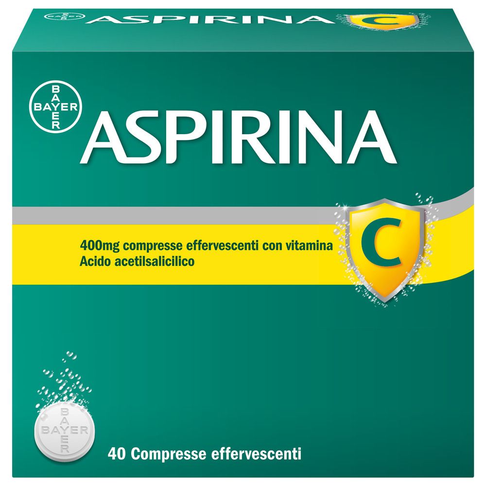 Aspirina C, confezione da 40 compresse effervescenti. Logo Bayer. Dettagli prodotto su sfondo giallo.