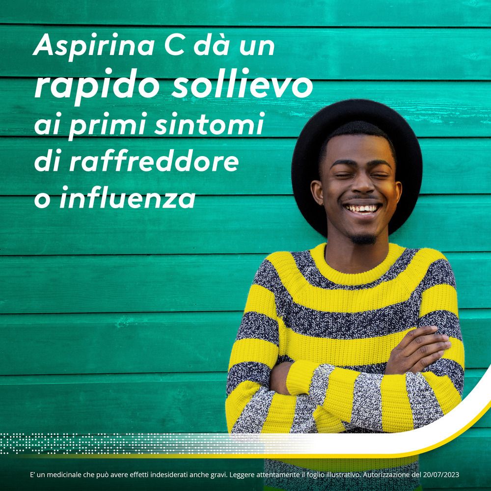 Aspirina C, scatola da 40 compresse e 3 bustine. Logo Bayer. Verde e giallo.