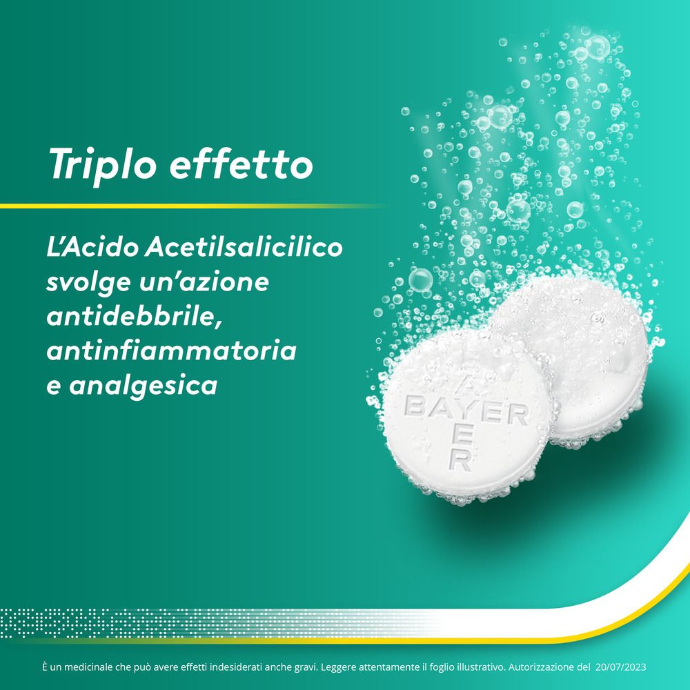 Donna con fazzoletto, immagine del prodotto. Aspirina C, 40 compresse. Logo Bayer. Informazioni.
