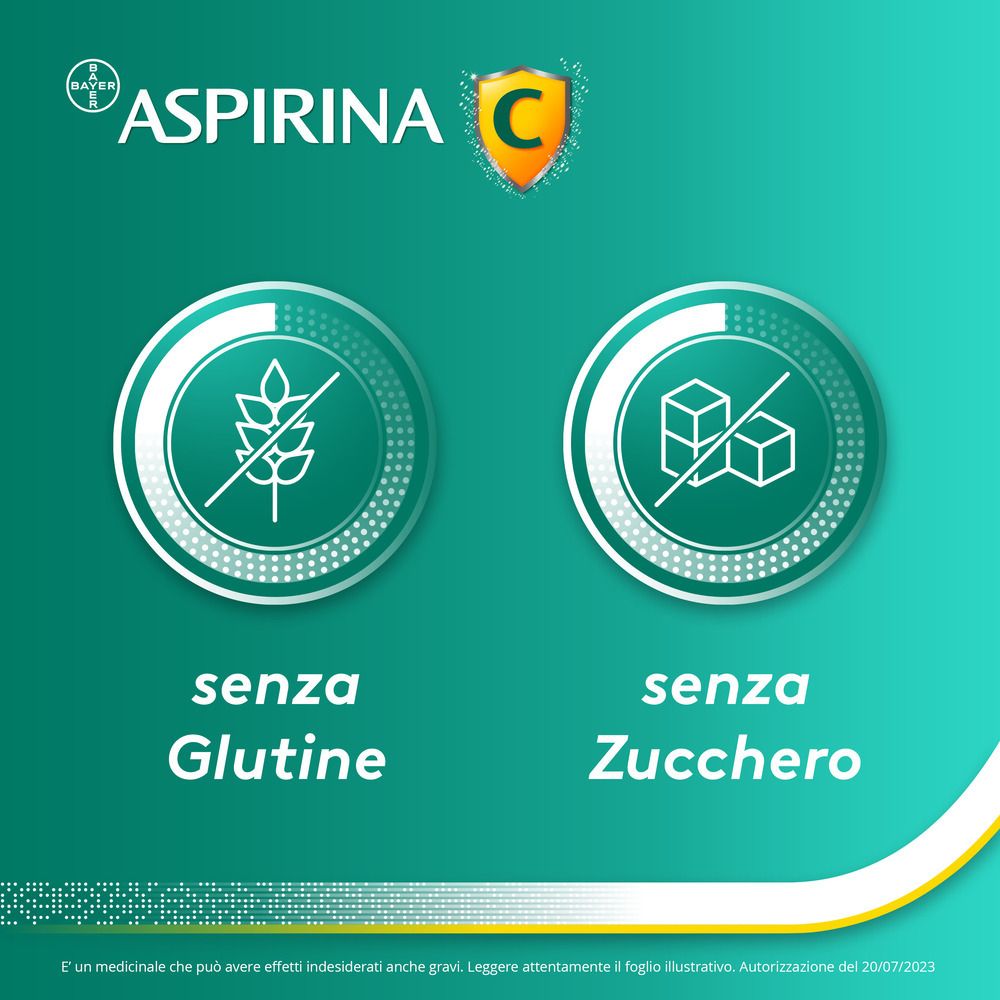 Coppia, immagine del prodotto. Aspirina C, 40 compresse. Logo Bayer. Informazioni sul prodotto.