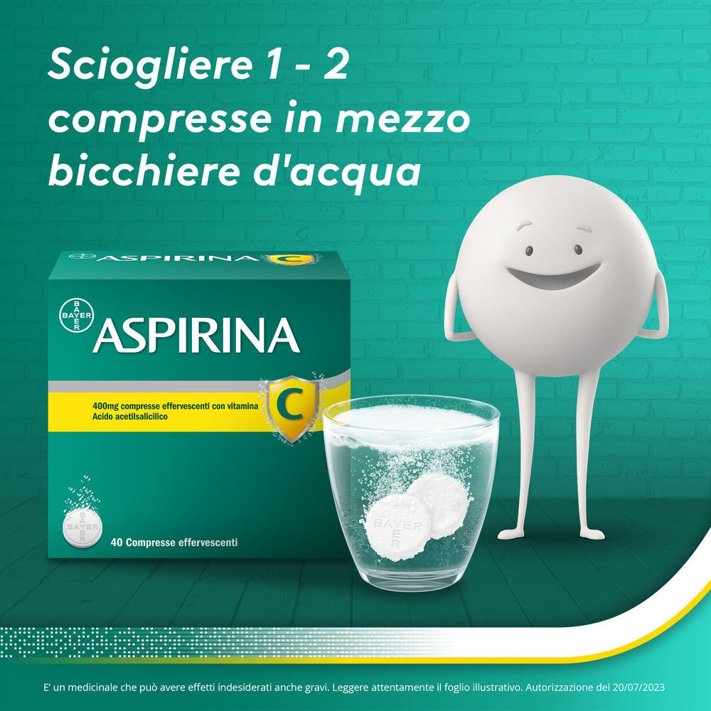 Aspirina C, scatola da 40 compresse. Logo Bayer. Informazioni su sfondo verde.