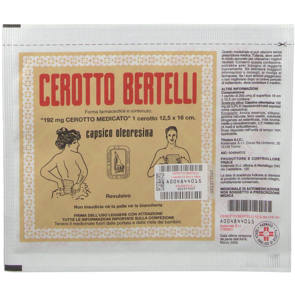 Confezione di Cerotto Bertelli. Bustina bianca con informazioni e illustrazioni. Testo in italiano.