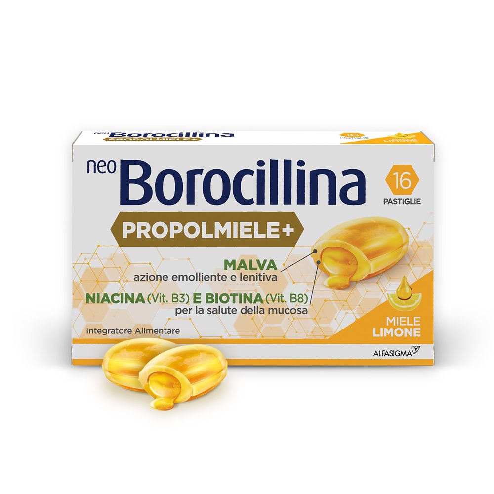 Confezione Propolmiele+ con 2 pastiglie. Testo: Malva, niacina, biotina. Per la salute delle mucose.