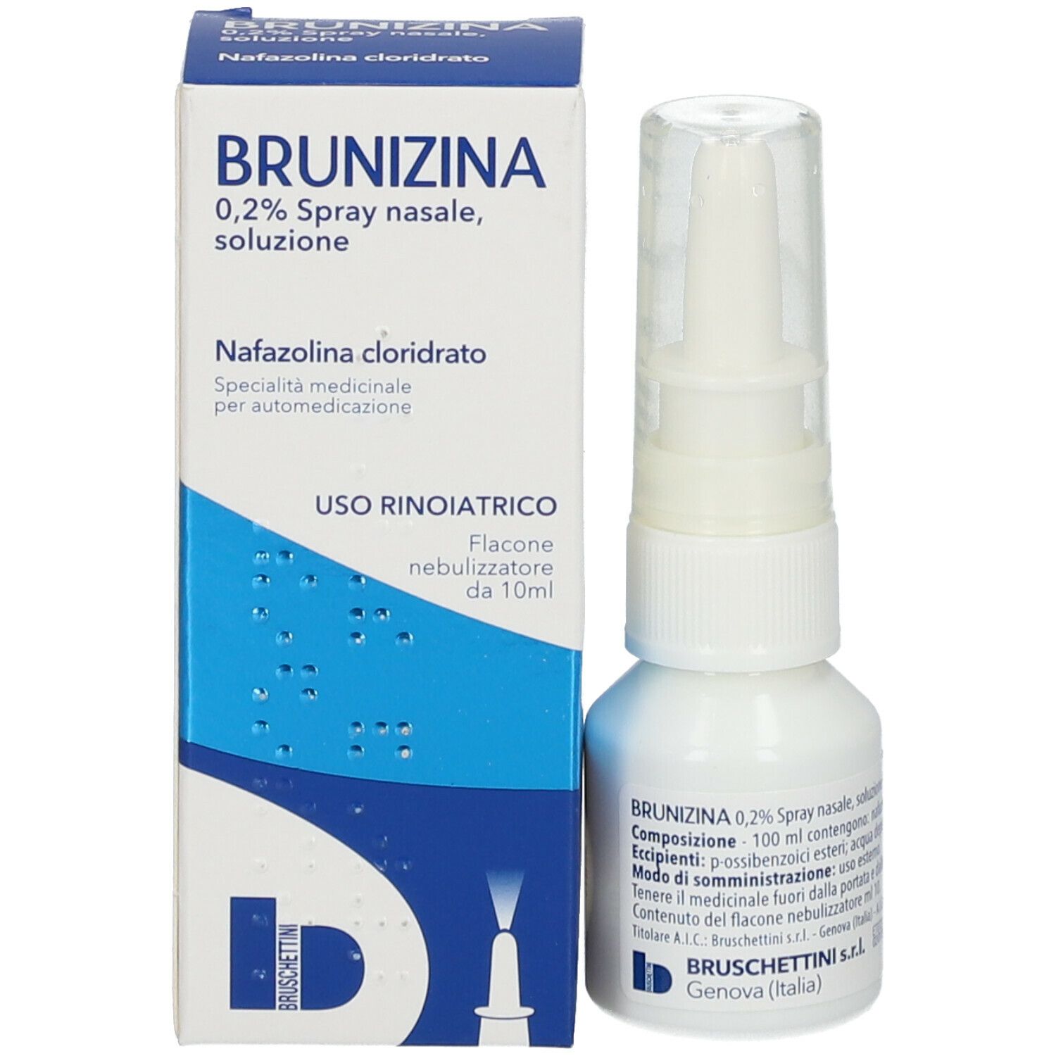 Confezione del prodotto e flacone spray nasale. Confezione con nome del prodotto e logo. Flacone con cappuccio trasparente.
