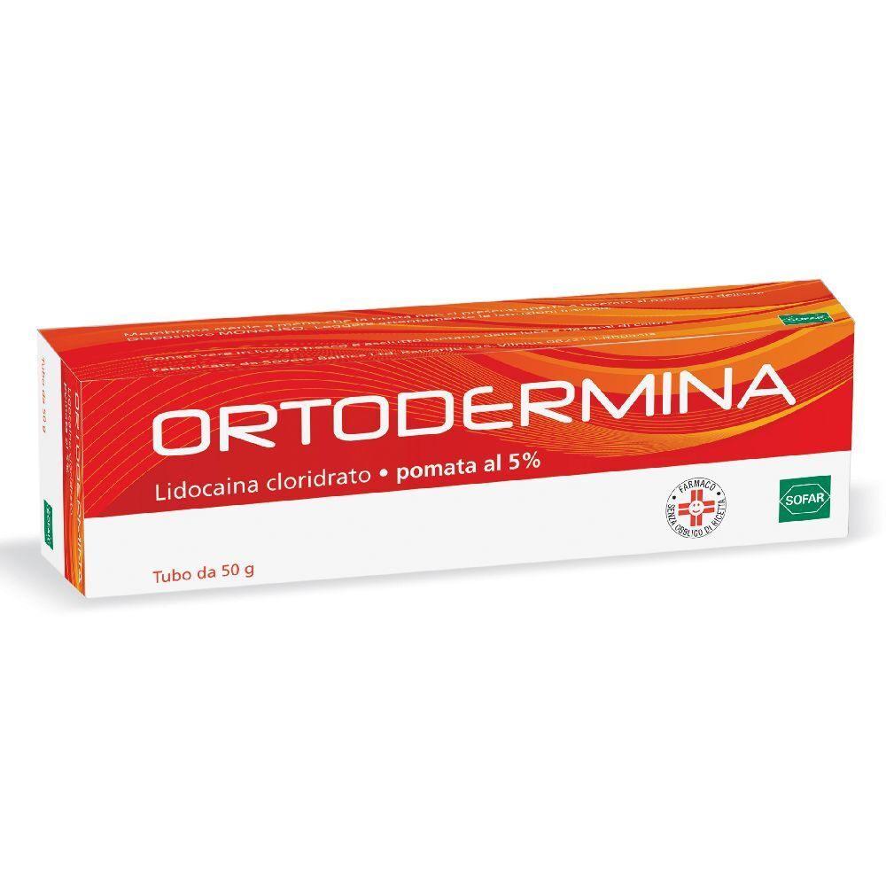 Scatola rossa ORTODERMINA. Contiene lidocaina cloridrato, crema al 5%. Logo SOFAR.