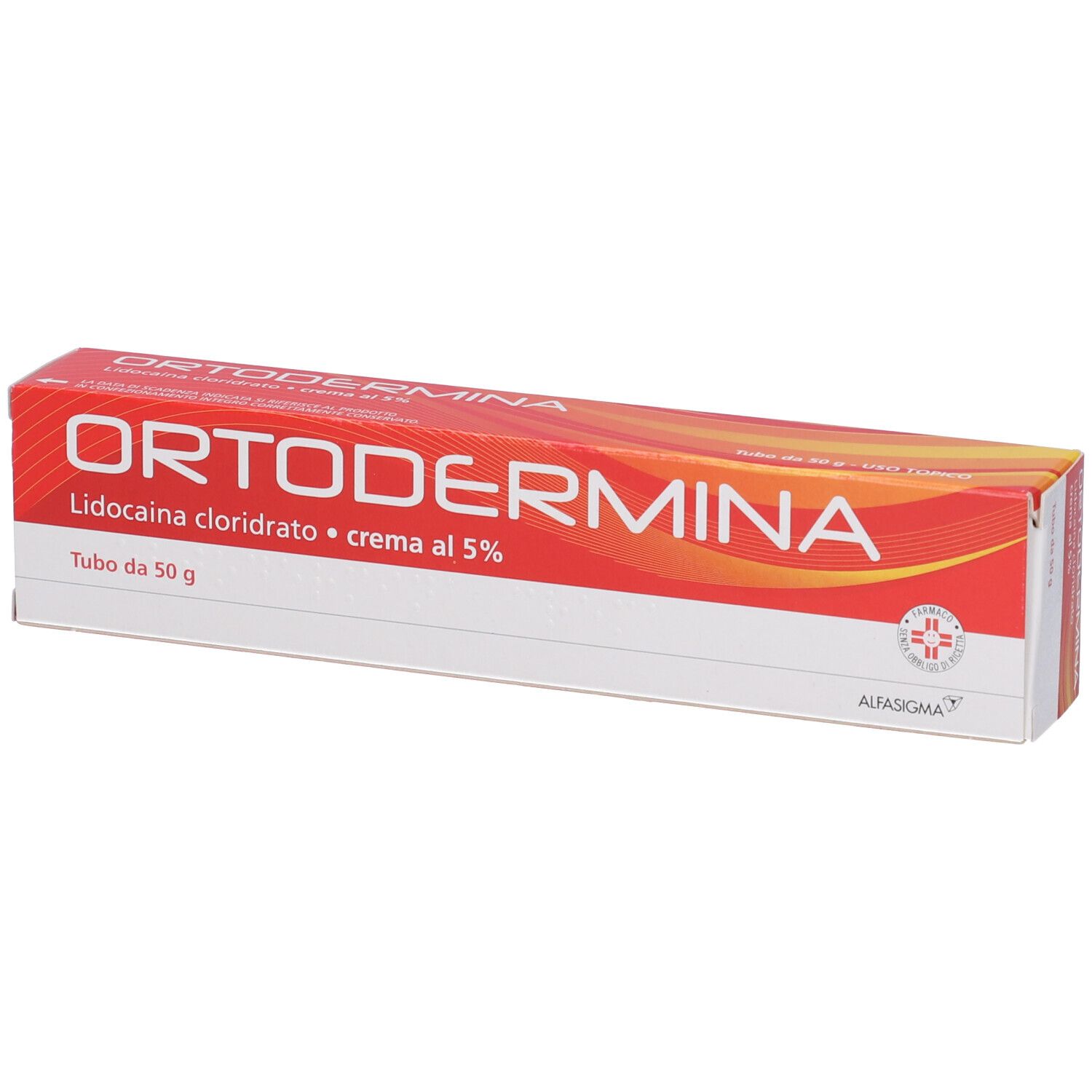 Scatola rossa ORTODERMINA. Contiene lidocaina cloridrato, crema al 5%. Logo ALIFASIGMA.