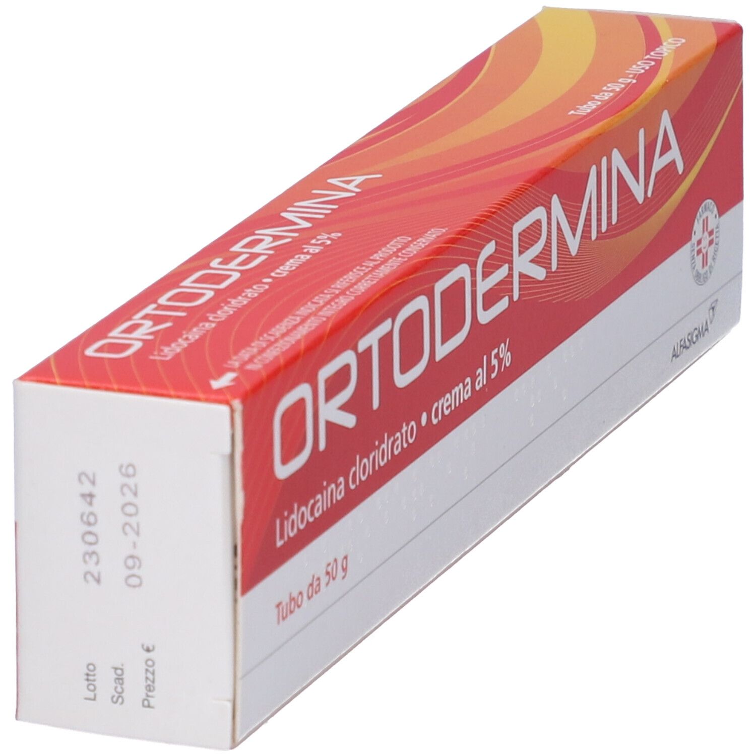 Scatola rossa ORTODERMINA. Contiene lidocaina cloridrato, crema al 5%. Scadenza 09-2026.