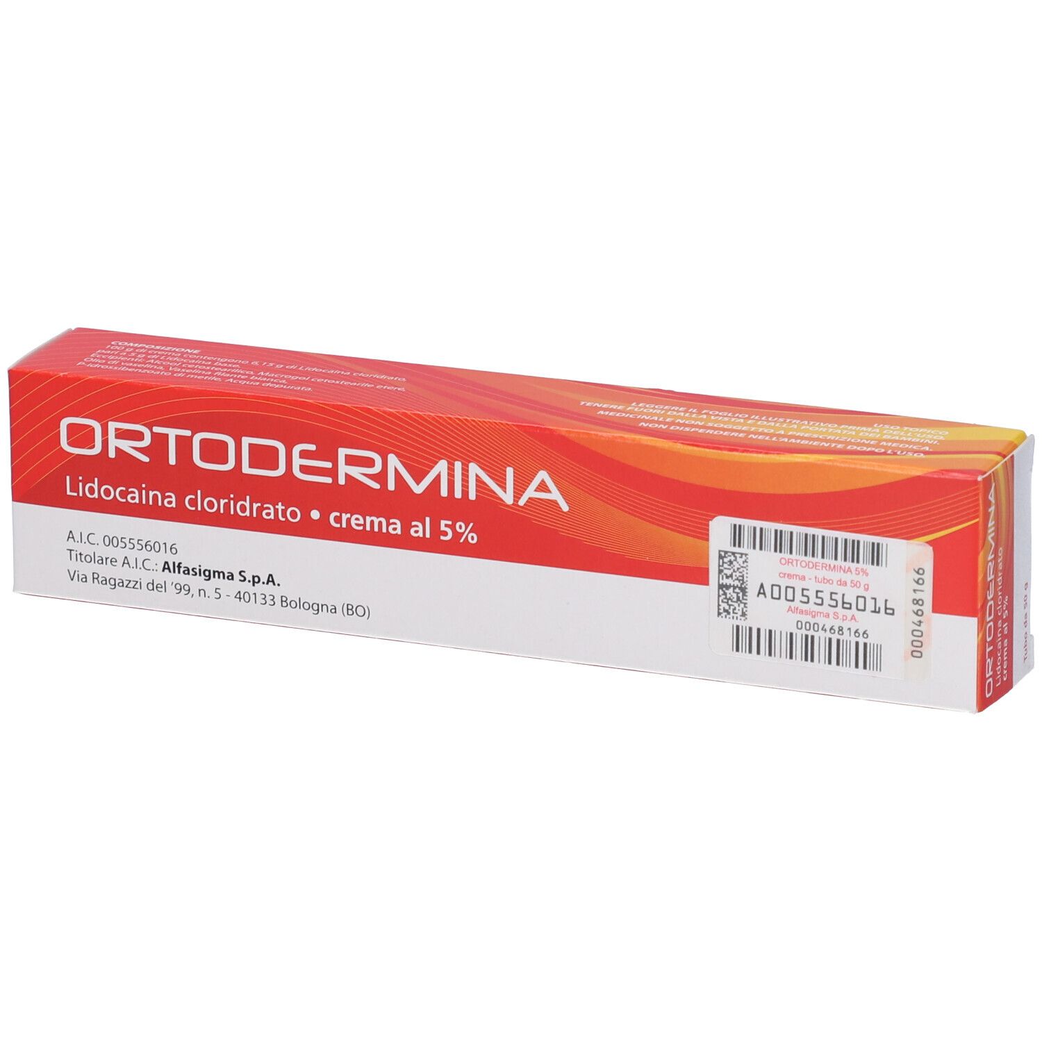 Scatola rossa ORTODERMINA. Contiene lidocaina cloridrato, crema al 5%. Informazioni indirizzo e codice a barre.