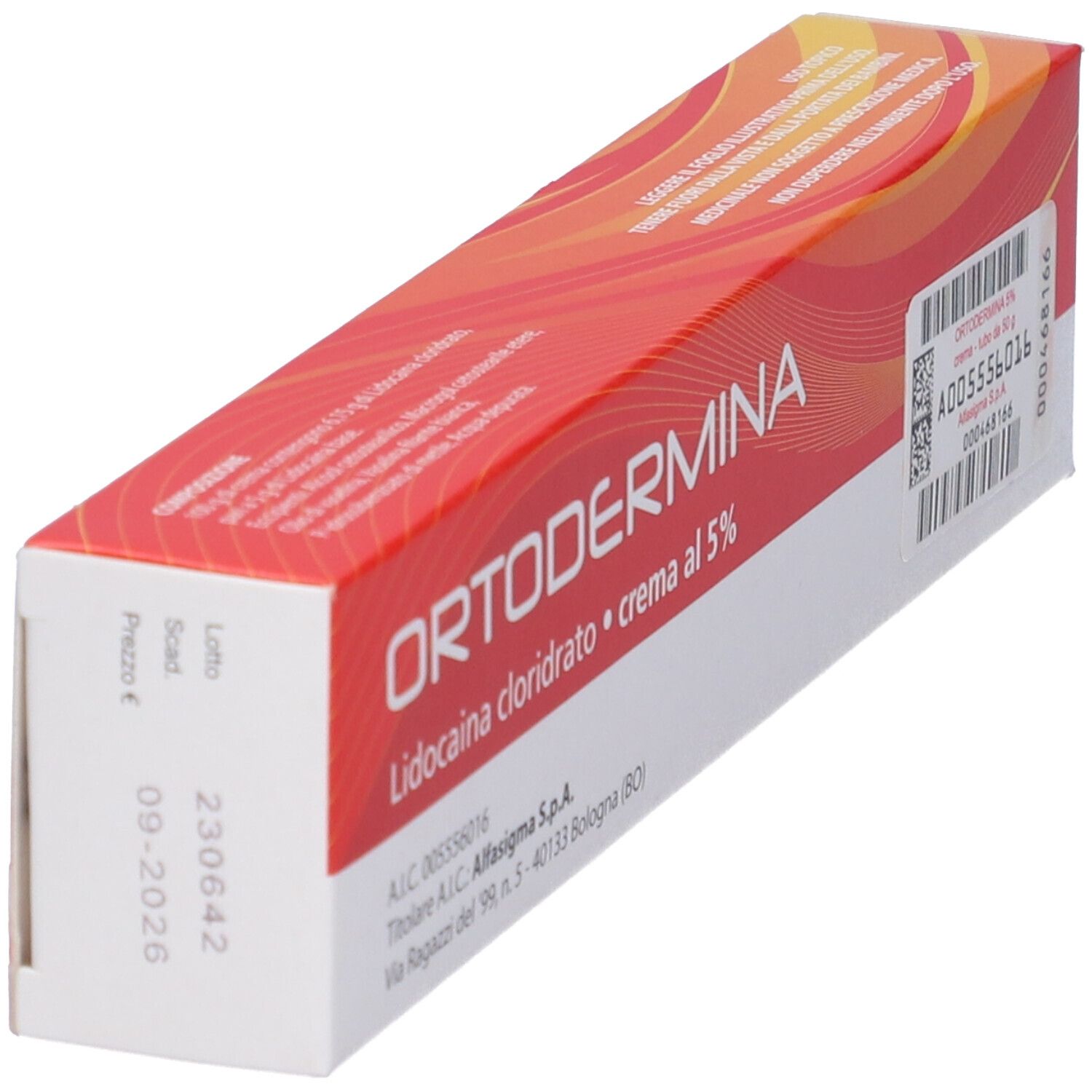Scatola rossa ORTODERMINA. Contiene lidocaina cloridrato, crema al 5%. Scadenza 09-2026.