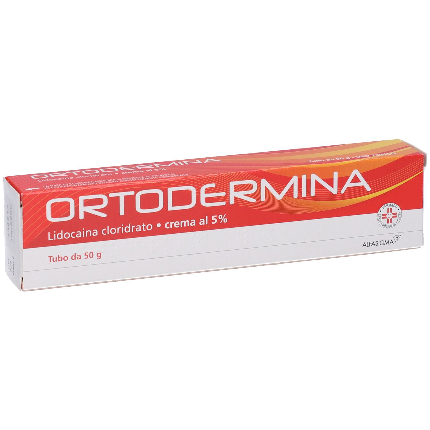 Scatola rossa ORTODERMINA. Contiene lidocaina cloridrato, crema al 5%. Logo ALIFASIGMA.
