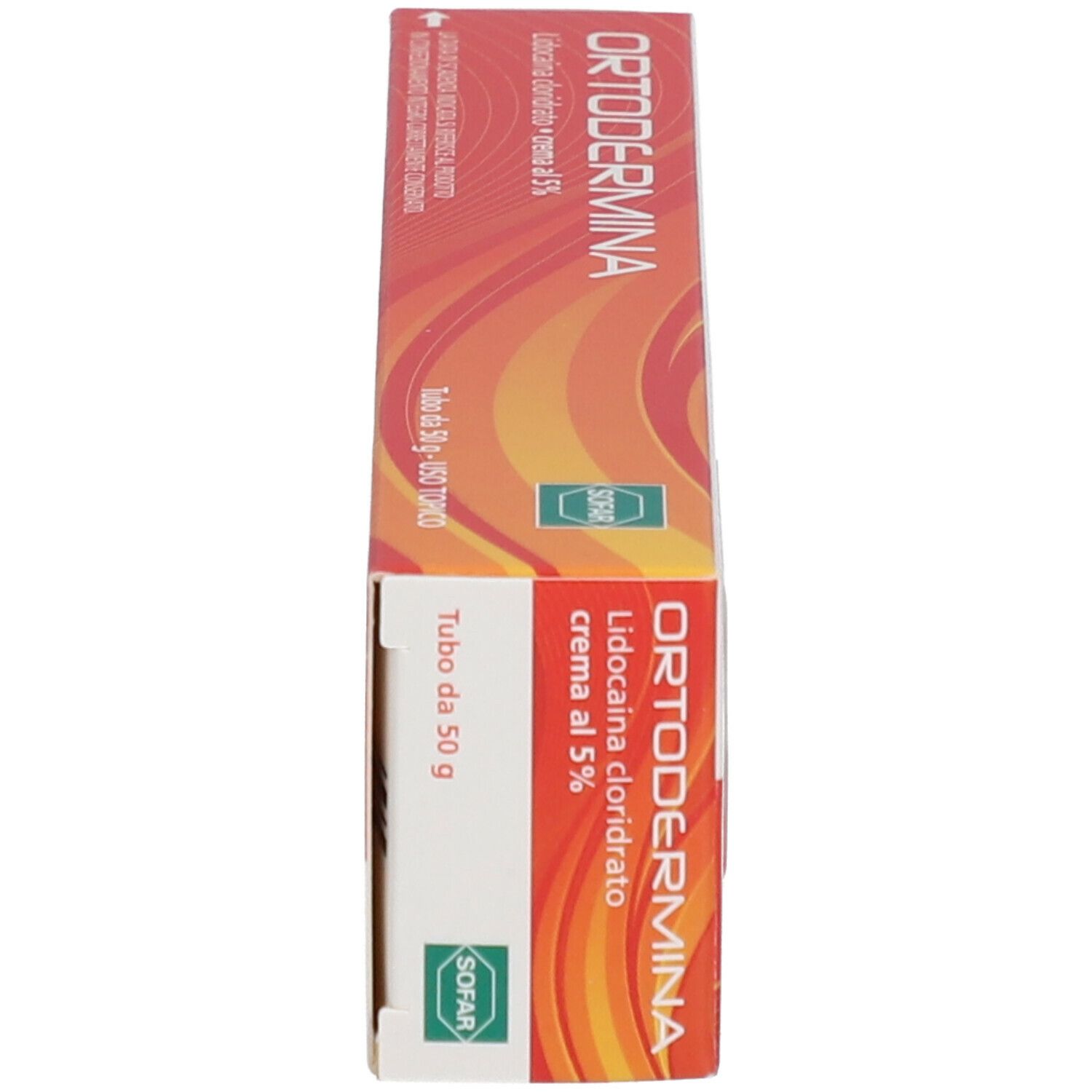 Scatola rossa ORTODERMINA. Contiene lidocaina cloridrato, crema al 5%. Logo SOFAR.