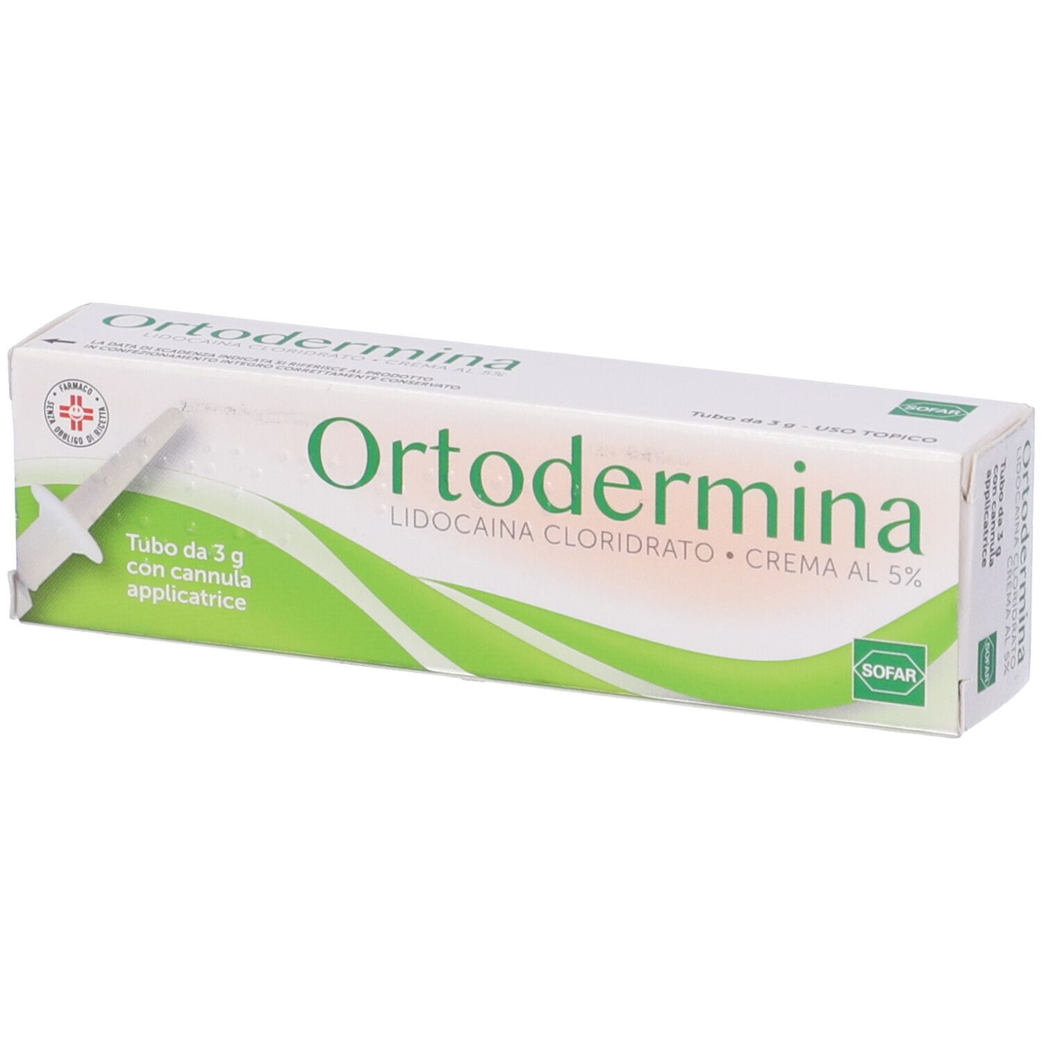 Crema Ortodermina al 5% in scatola. Con applicatore. Testo: Lidocaina Cloridrato Crema al 5%.