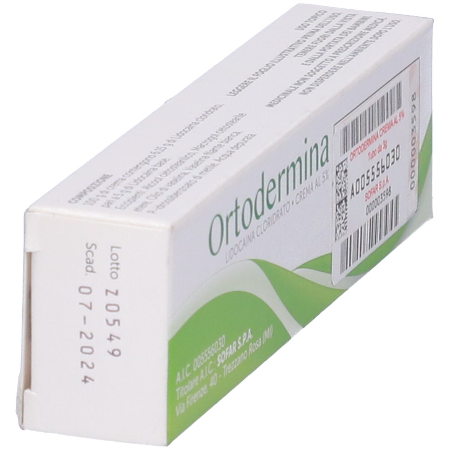 Scatola di crema Ortodermina al 5%. Informazioni stampate: numero di lotto, data di scadenza, codice a barre.