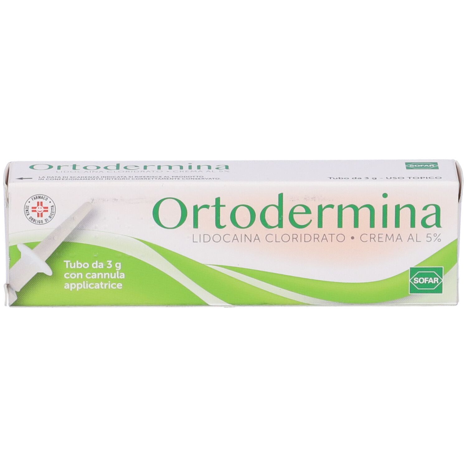 Crema Ortodermina al 5% in scatola. Con applicatore. Testo: Lidocaina Cloridrato Crema al 5%.