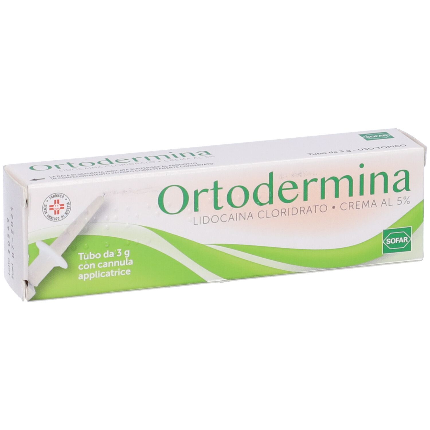 Crema Ortodermina al 5% in scatola. Con applicatore. Testo: Lidocaina Cloridrato Crema al 5%.