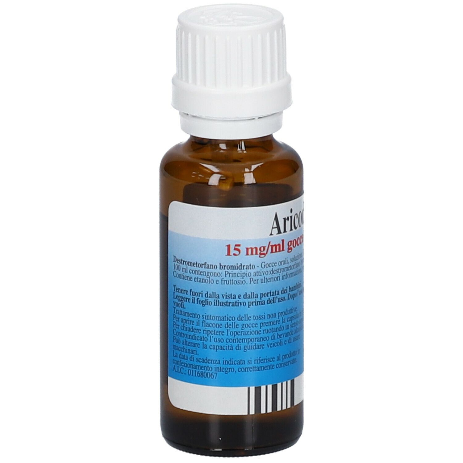Flacone di vetro marrone con tappo bianco. Scritta: Aricodil Tosse, 15 mg/ml gocce orali, soluzione. Etichetta con testo.