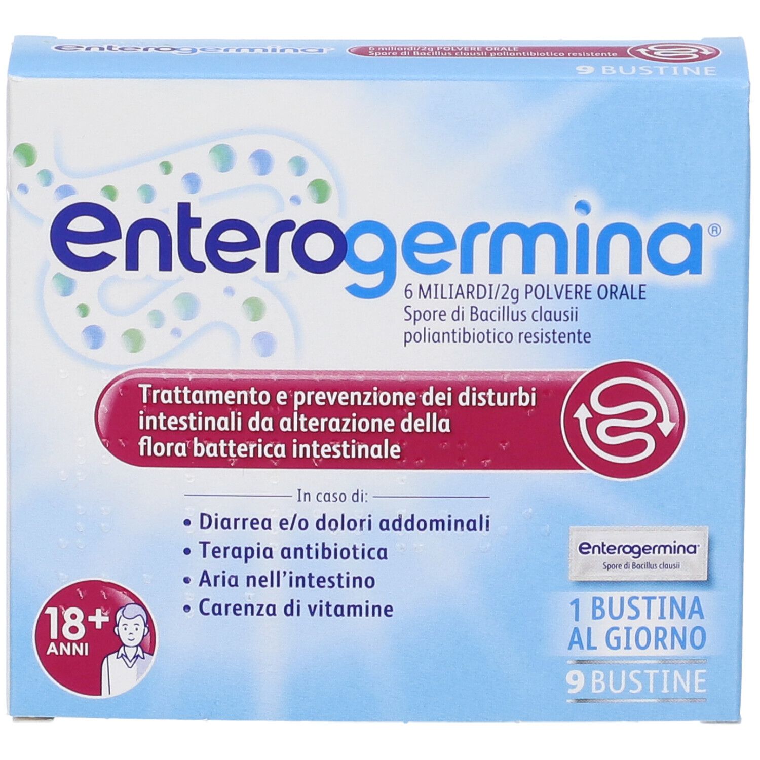 Confezione del prodotto con nome e logo. Contiene 9 bustine. Testo: 18+ anni.