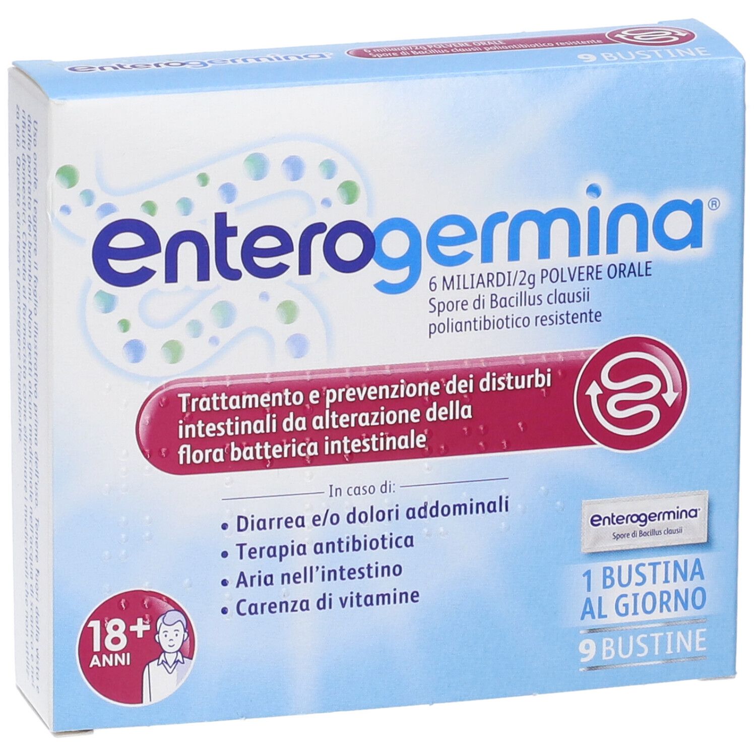 Confezione del prodotto con nome e logo. Contiene 9 bustine. Testo: 18+ anni.
