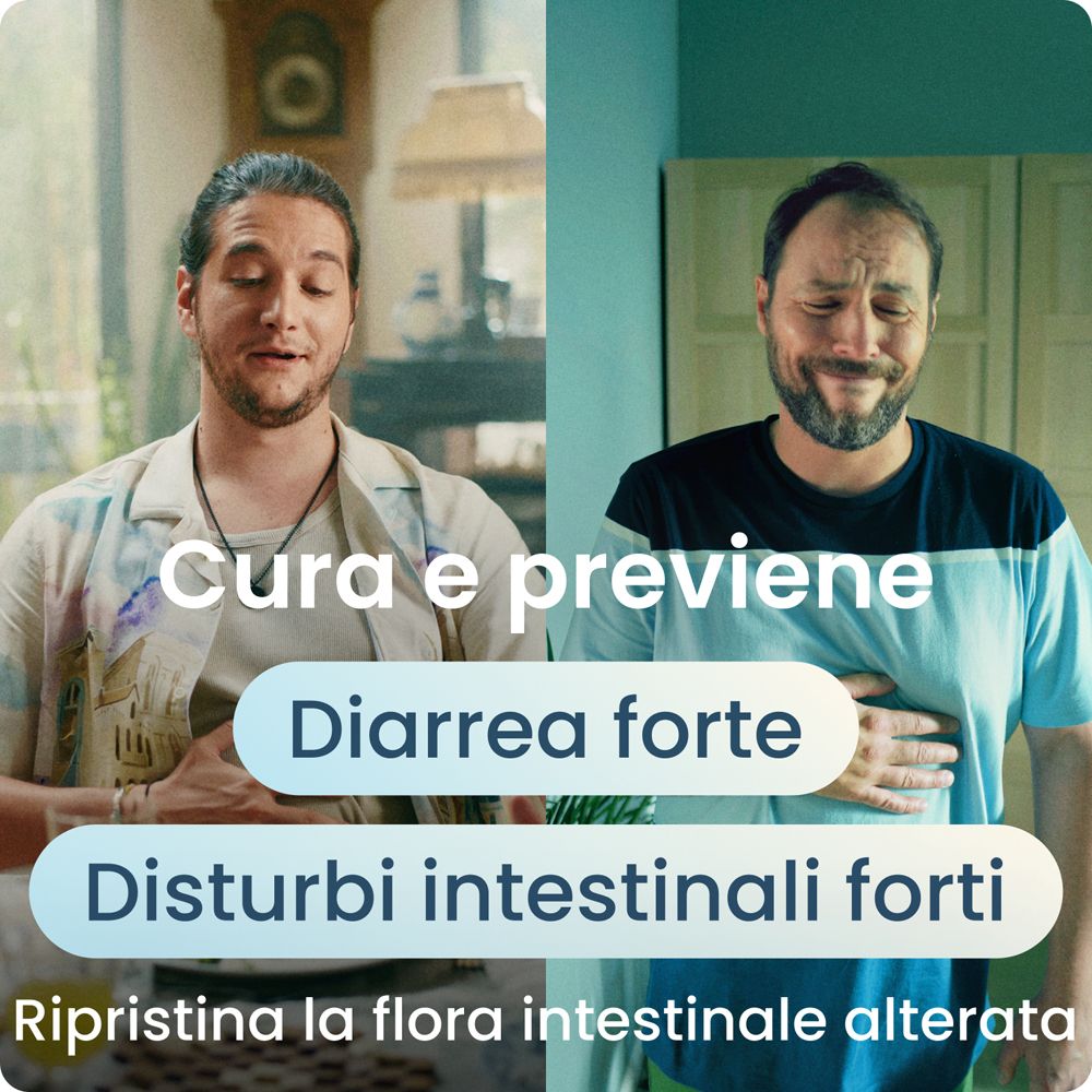 Due uomini, uno con mal di pancia. Testo: Cura e previene. Diarrea forte. Disturbi intestinali forti.