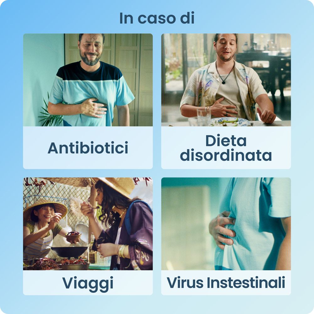 Quattro immagini: uomo con mal di pancia, uomo con mal di pancia, donna che mangia, uomo con mal di pancia. Testo: Antibiotici, Dieta disordinata, Viaggi, Virus Instestinali.