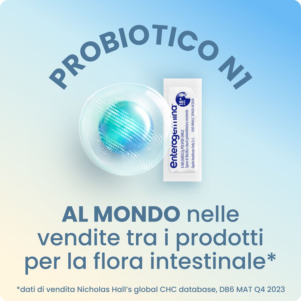 Confezione del prodotto e bustina. Testo: Probiotico N1. Al mondo nelle vendite tra i prodotti per la flora intestinale.