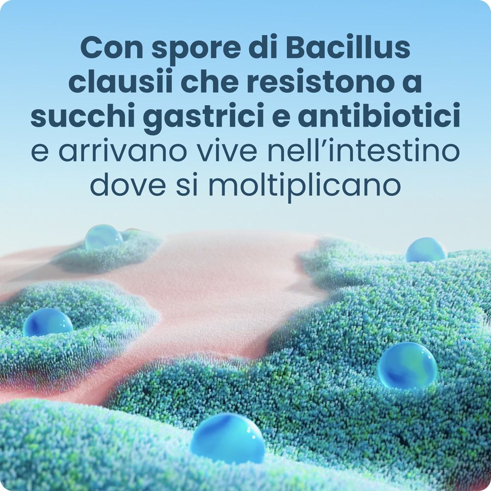 Rappresentazione astratta di batteri. Testo: Con spore di Bacillus clausii che resistono a succhi gastrici e antibiotici.