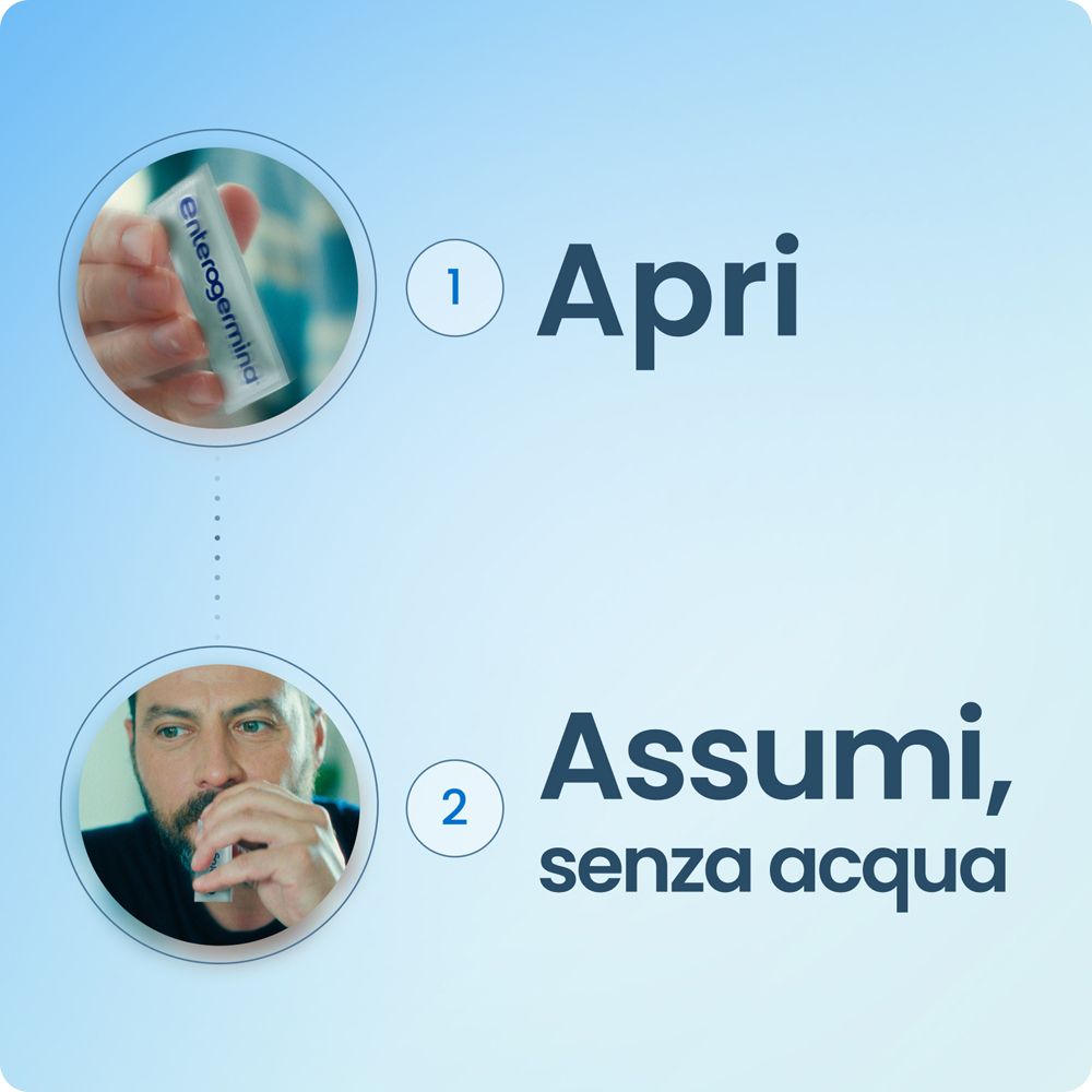 Due passaggi: 1. Apri. 2. Assumi, senza acqua. Uomo che assume un farmaco.