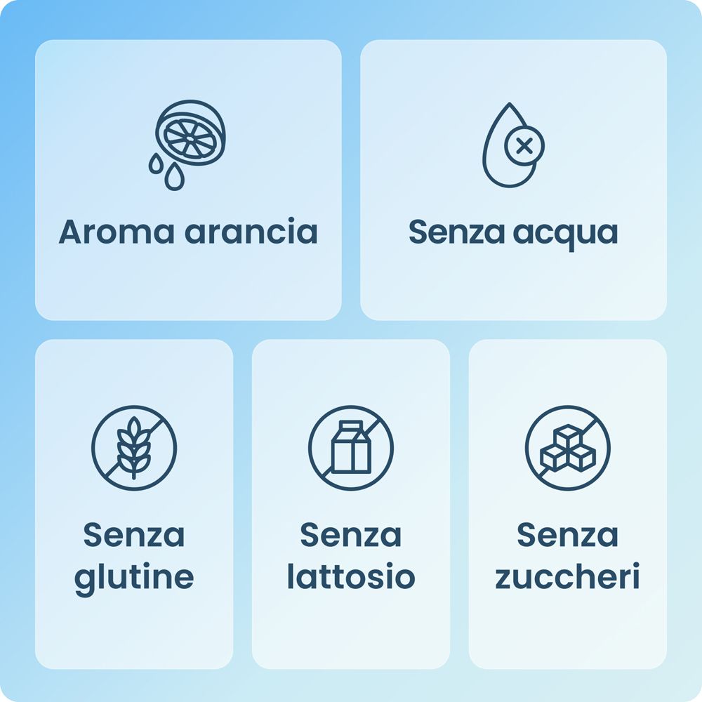 Cinque simboli: Aroma arancia, Senza acqua, Senza glutine, Senza lattosio, Senza zuccheri.