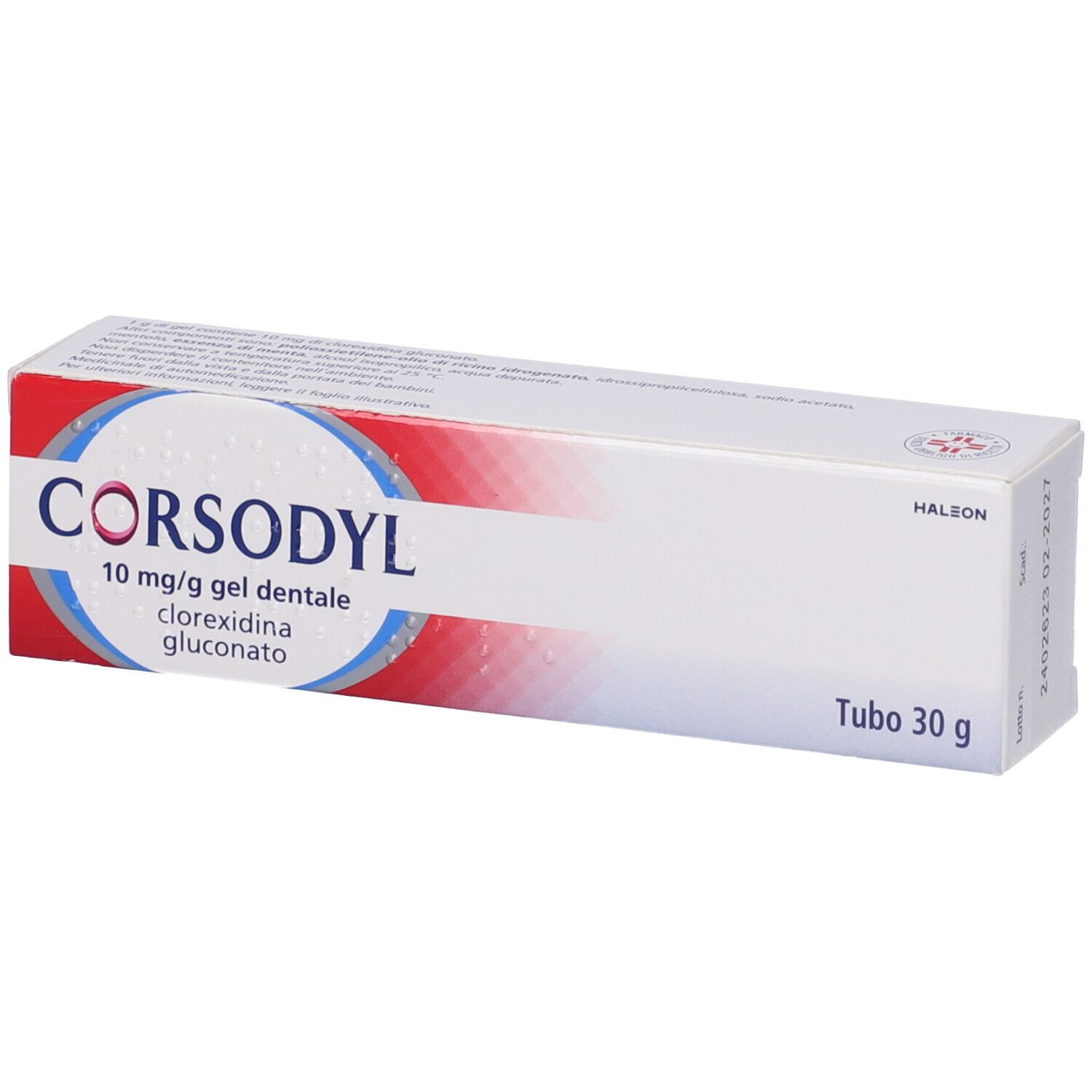 Confezione di CORSODYL 10 mg/g gel dentale, bianca con design rosso e blu. Testo: CORSODYL, 10 mg/g gel dentale, Tubo 30 g.