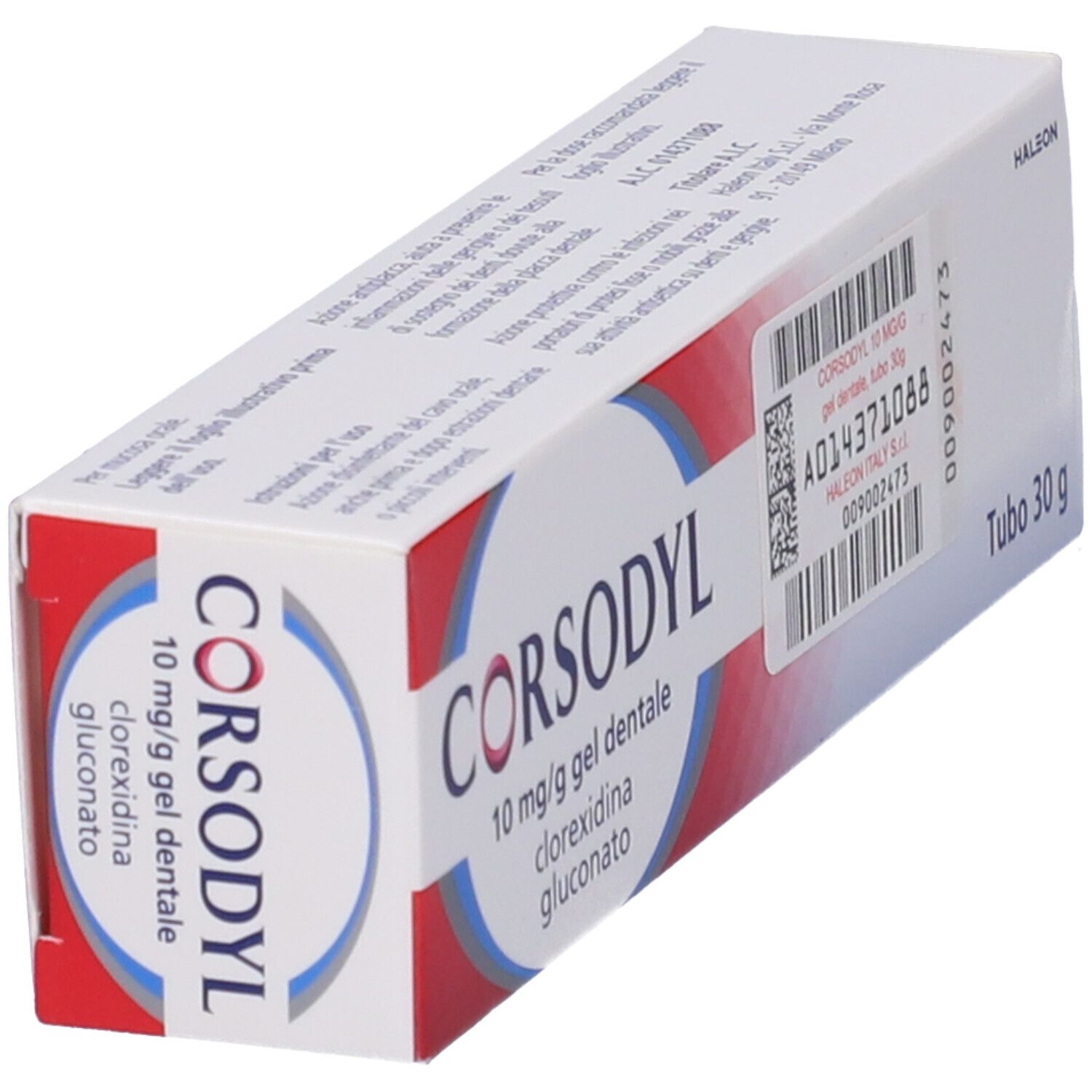 Confezione di CORSODYL 10 mg/g gel dentale, in diagonale. Bianco, rosso e blu. Testo: CORSODYL, 10 mg/g gel dentale, Tubo 30 g.