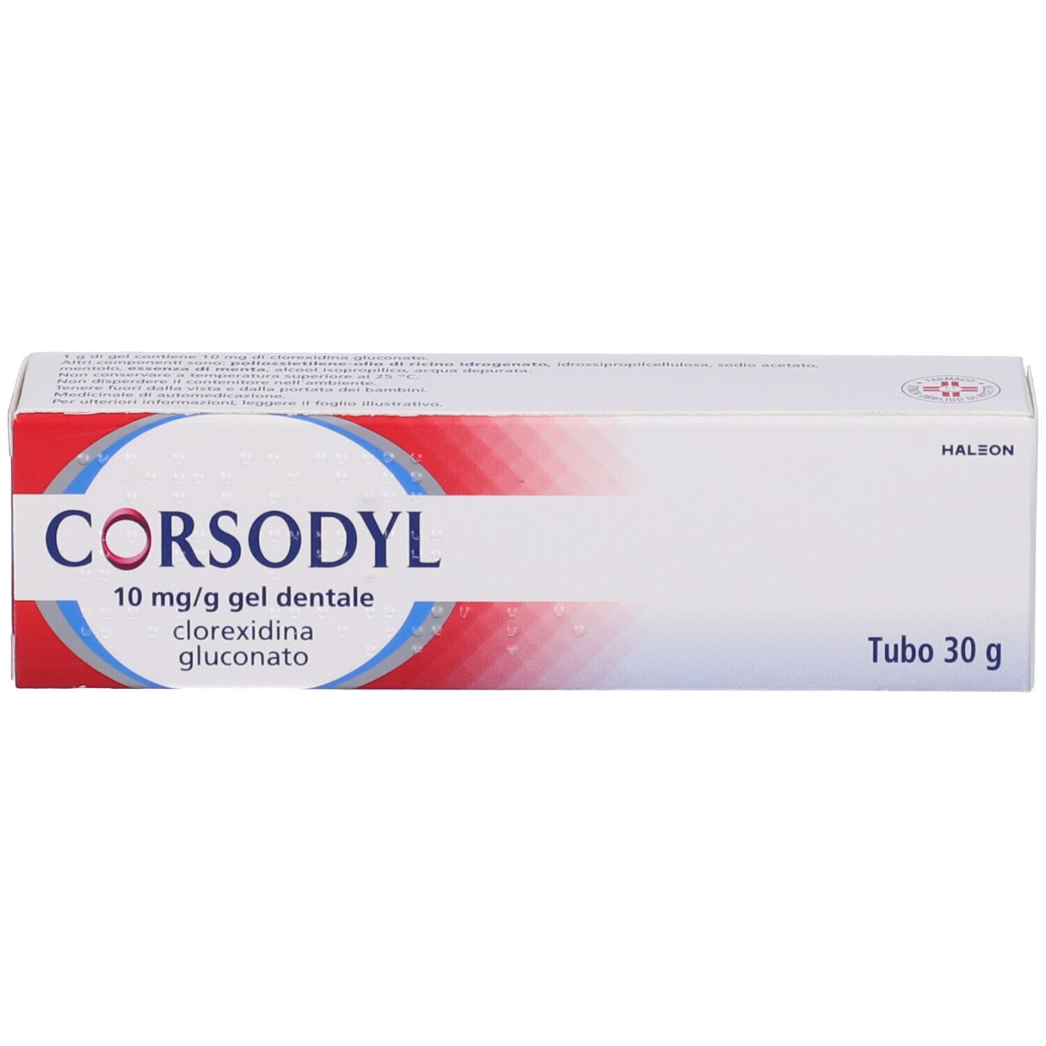 Confezione di CORSODYL 10 mg/g gel dentale, bianca con design rosso e blu. Testo: CORSODYL, 10 mg/g gel dentale, Tubo 30 g.