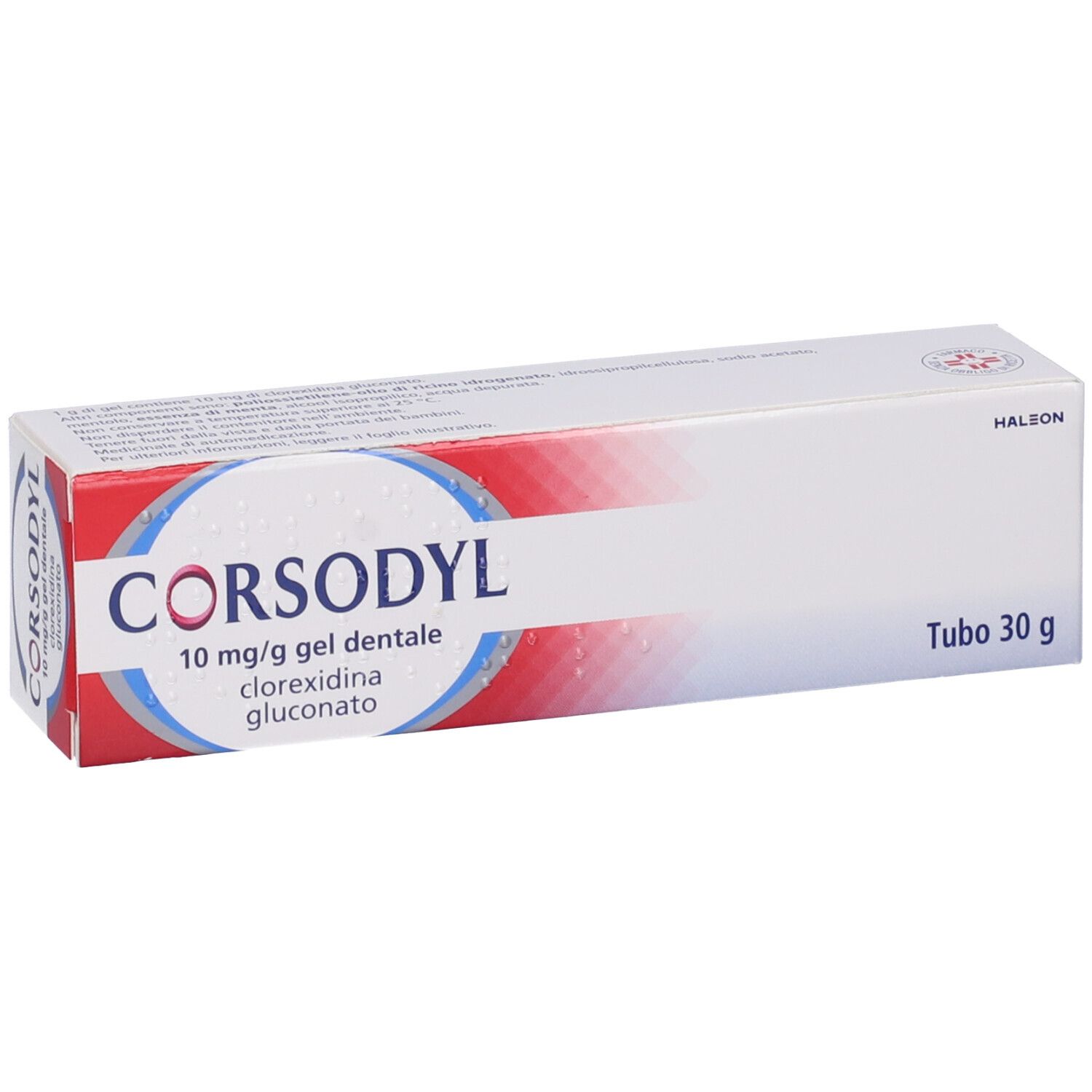 Confezione di CORSODYL 10 mg/g gel dentale, bianca con design rosso e blu. Testo: CORSODYL, 10 mg/g gel dentale, Tubo 30 g.