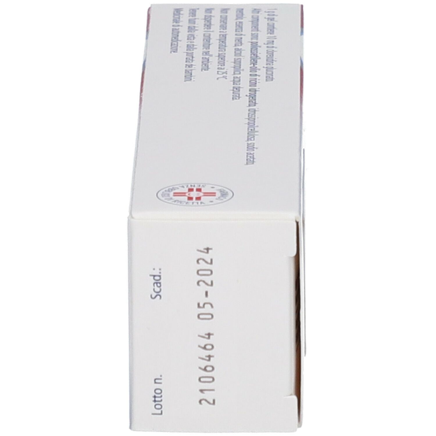 Confezione di CORSODYL 10 mg/g gel dentale, vista laterale. Testo: Scad.: 05-2024, Lotto n. 2106464.